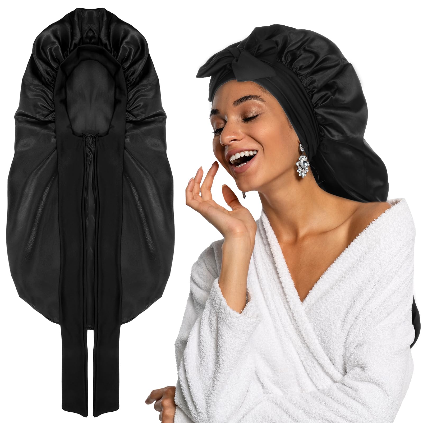 ElevateTech Long Satin Bonnet, Soft Silky Hair Bonnet for Sleeping Adjustable Elastic Shower Cap Long Hair Bonnet Suitable Women Braids Dreadlock Curly Hair (Black)