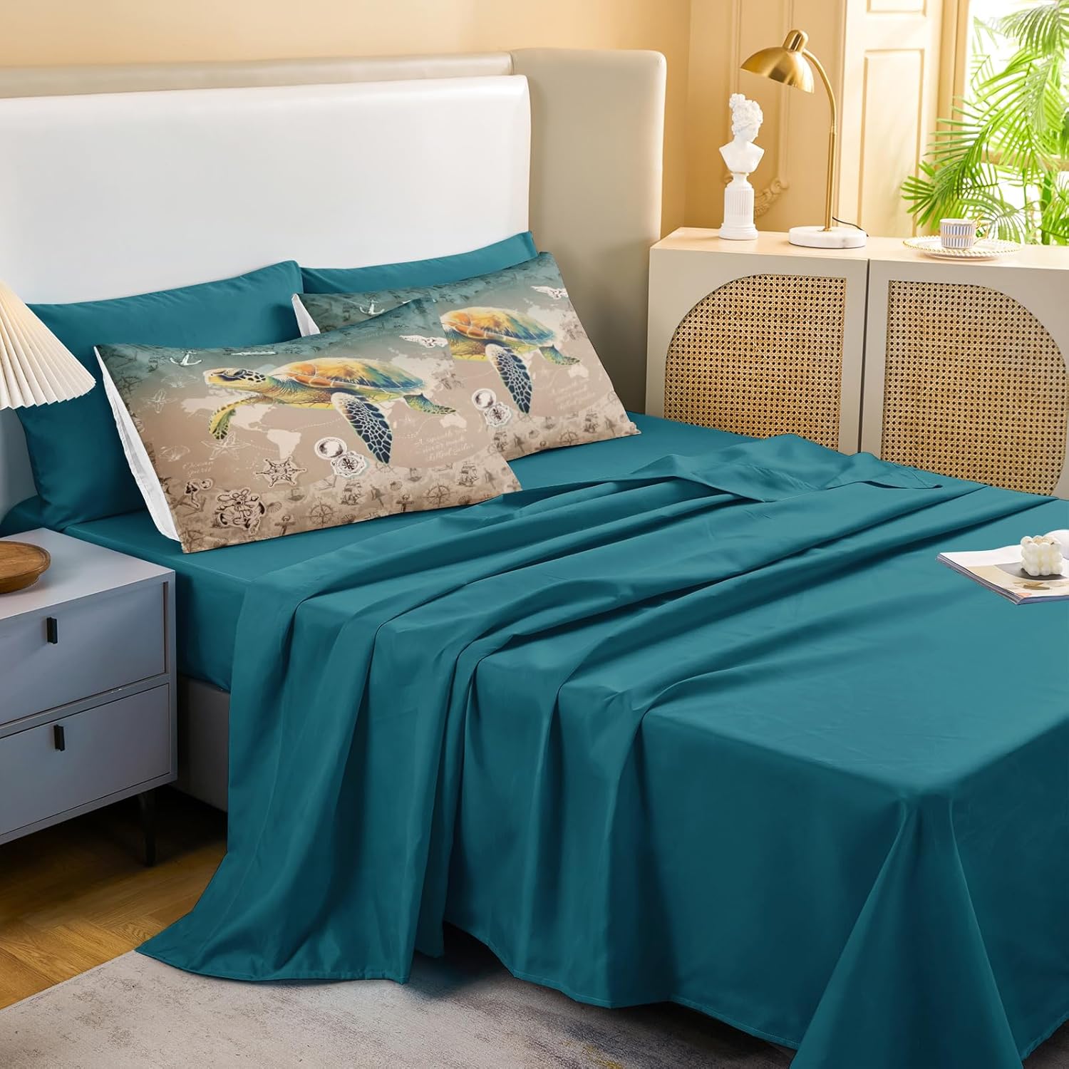 MOVE OVER Ocean Comforter Set Queen Size 8 Pieces Beach Comforter Set with Sheet Set Vintage Nautical Style Sea Turtle Comforter Bedding Set for Bedroom