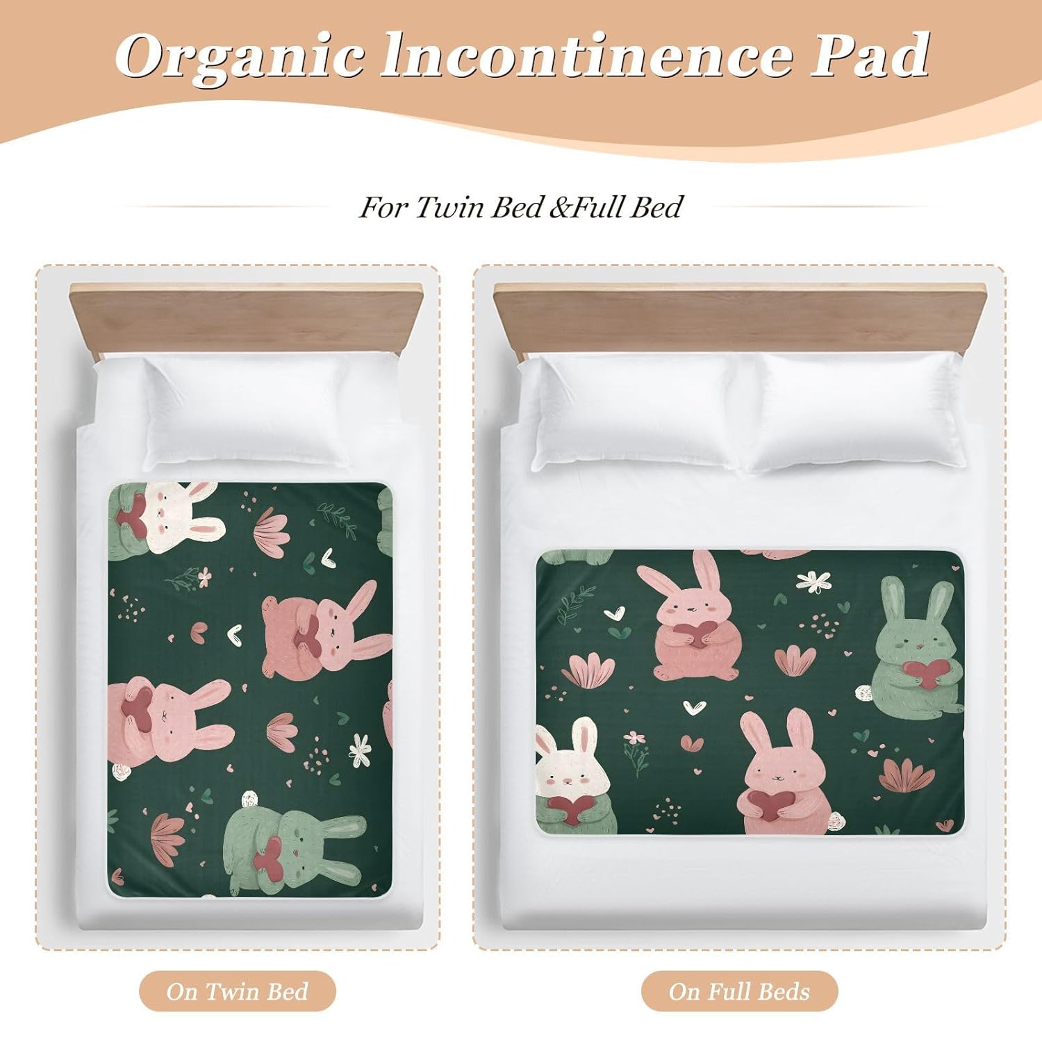Bunnies Holding Red Hearts Change Mat, Diaper Changing Pads for Baby, 3Layers Waterproof Change Pad Foldable Absorbent Mats for Women, Reusable Incontinence Underpads for Patient 34''x52''