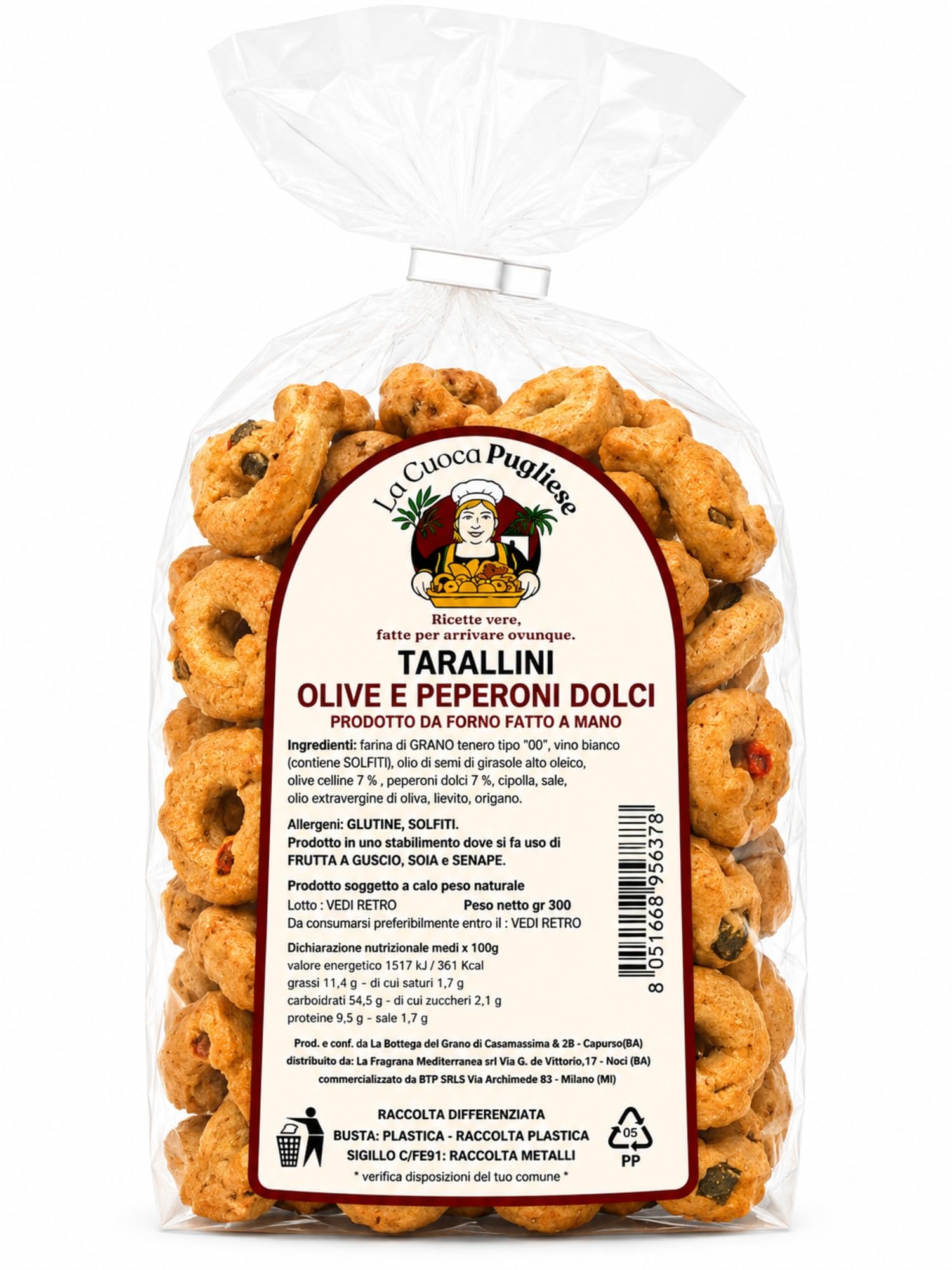 La Cuoca Pugliese - Tarallini con aceitunas y pimientos dulces, taralli artesanales de Apulia, paquete de 10 bolsas x 300 g, especialidad de Apulia