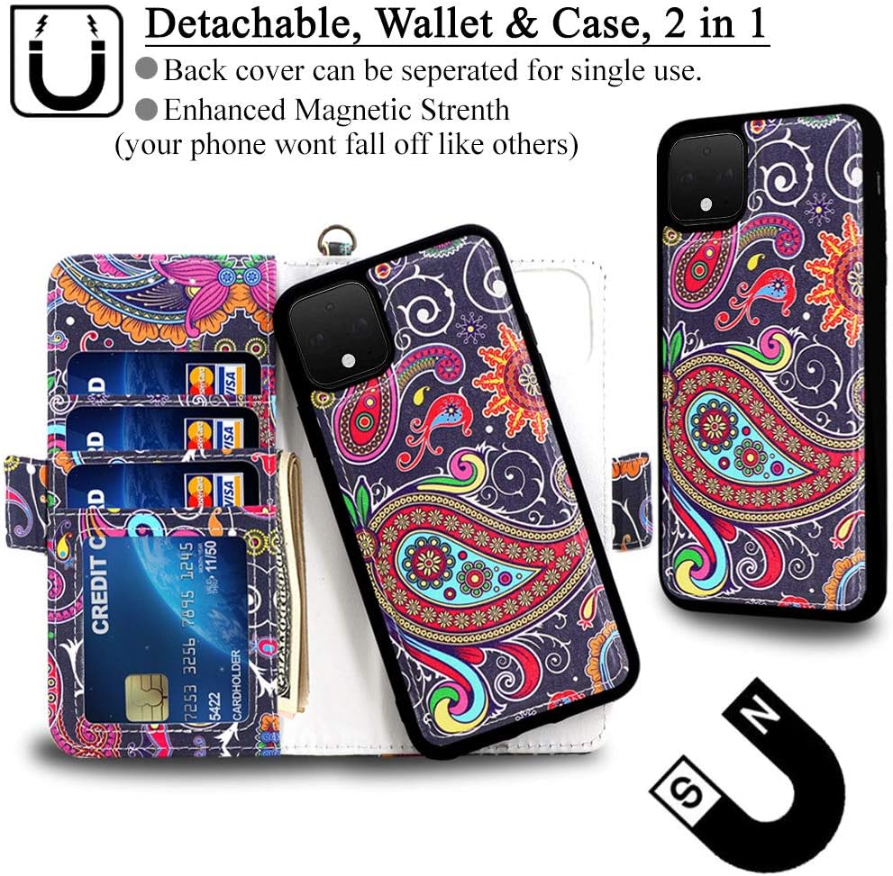 Mefon Google Pixel 4 Case Wallet Leather Detachable, Wireless Charging Compatible, with Tempered Glass and Wrist Strap, Luxury Magnetic Detachable Flip Folio Phone Cases for Pixel 4 (Paisley 1)