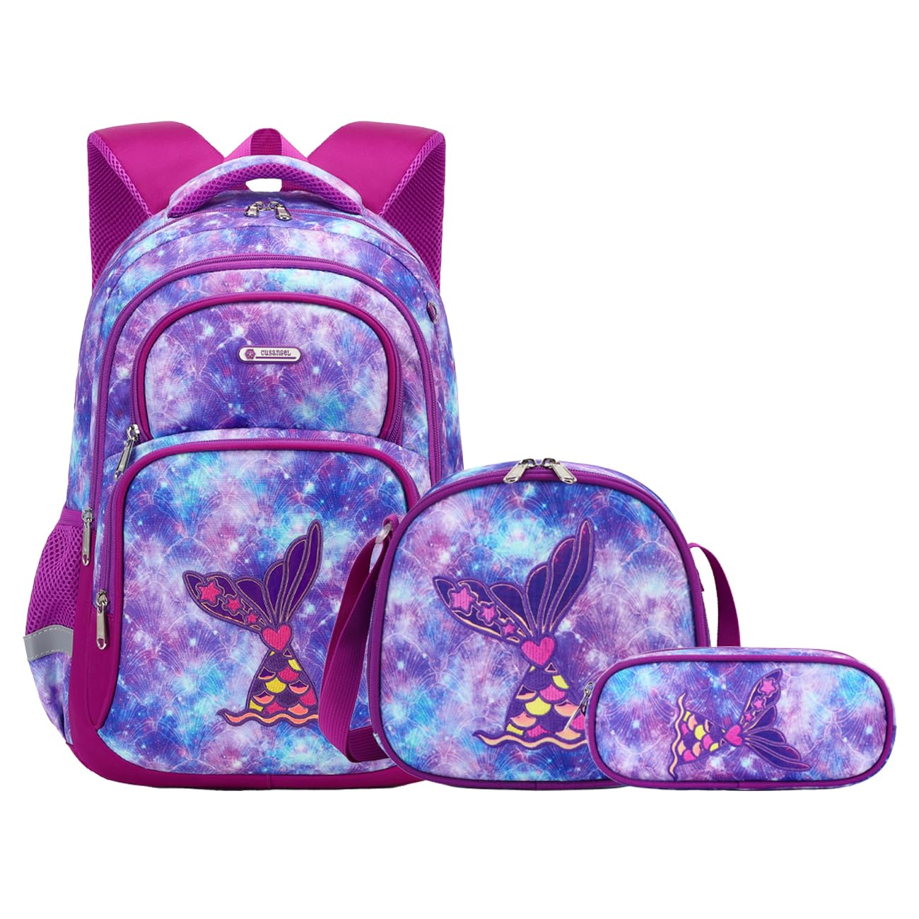 Cusangel Purple Mermaid 3pcs Set with Lunch Box Pencil Case,Multi Compartment Backpack, Dinosaur Backpack Chest Strap Side Pockets 16 Inch