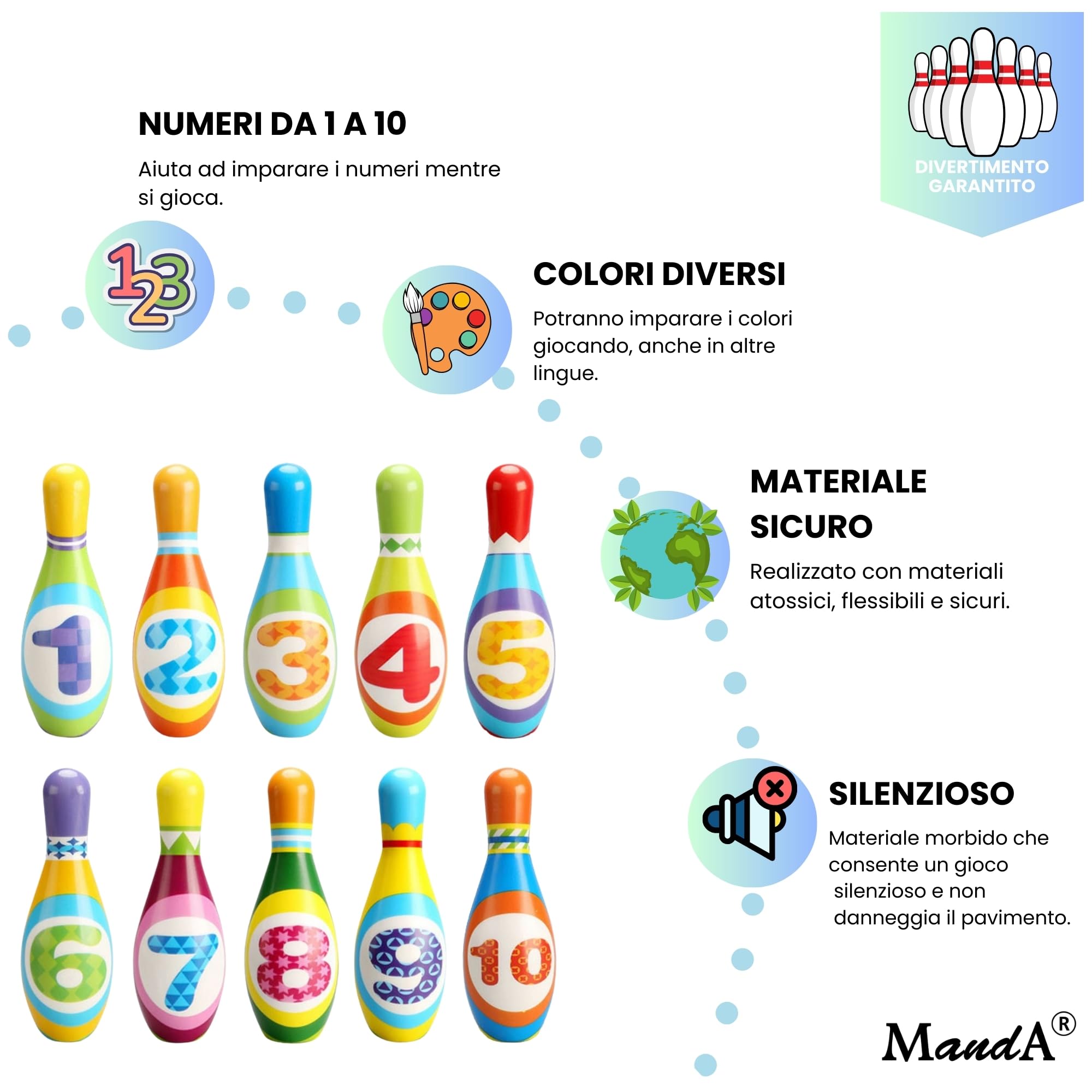 Bowling per Bambini Montessori in Gomma Piuma Grande - Set da 10 Birilli + 2 Palle con Borsa - Gioco Educativo e Sicuro per Bambini 2-7 Anni - Giocattolo da Interno ed Esterno - Idea Regalo Perfetta