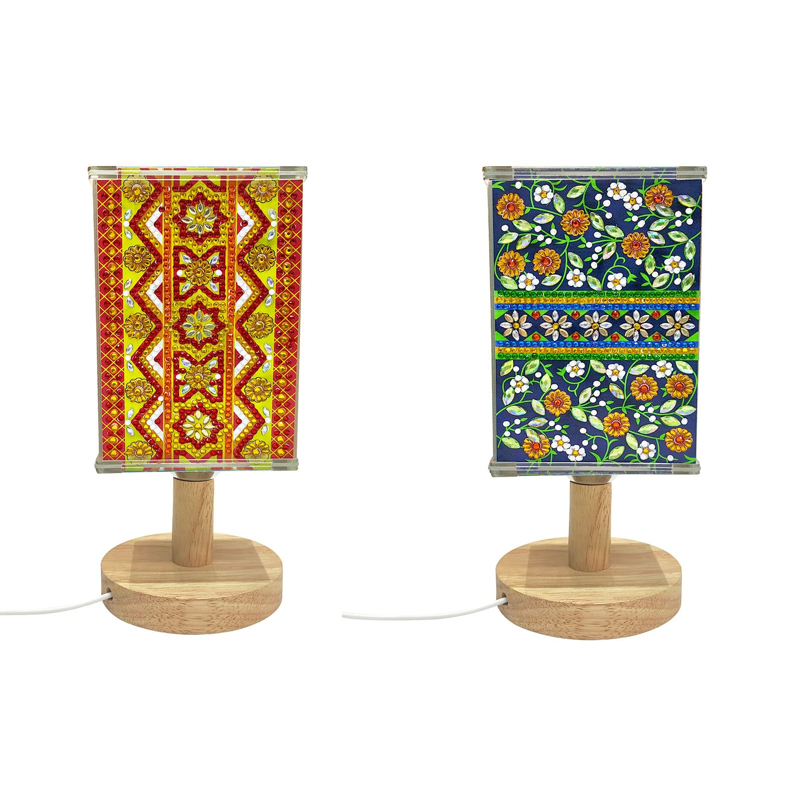 Lebartm 2Pcs DIY Table Lamp Diamond Painting Creative Desk Lamps Mandala Pattern Desktop Acrylic Ornaments Four Sided Dotted Diamond Decorative Lamp for Bedroom Living Room Office