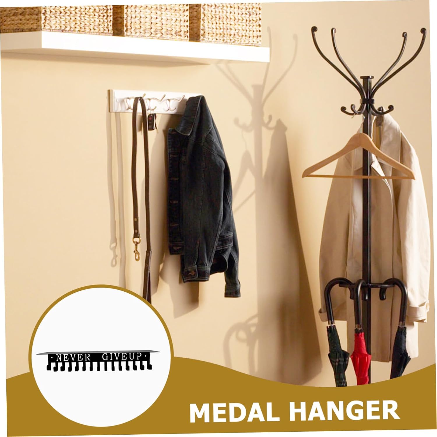Wall-mounted Medal Holder Rack 40x10x6.6cm Black Medal Hanging Display Hanger for Home Gymnastics and Sports Awards
