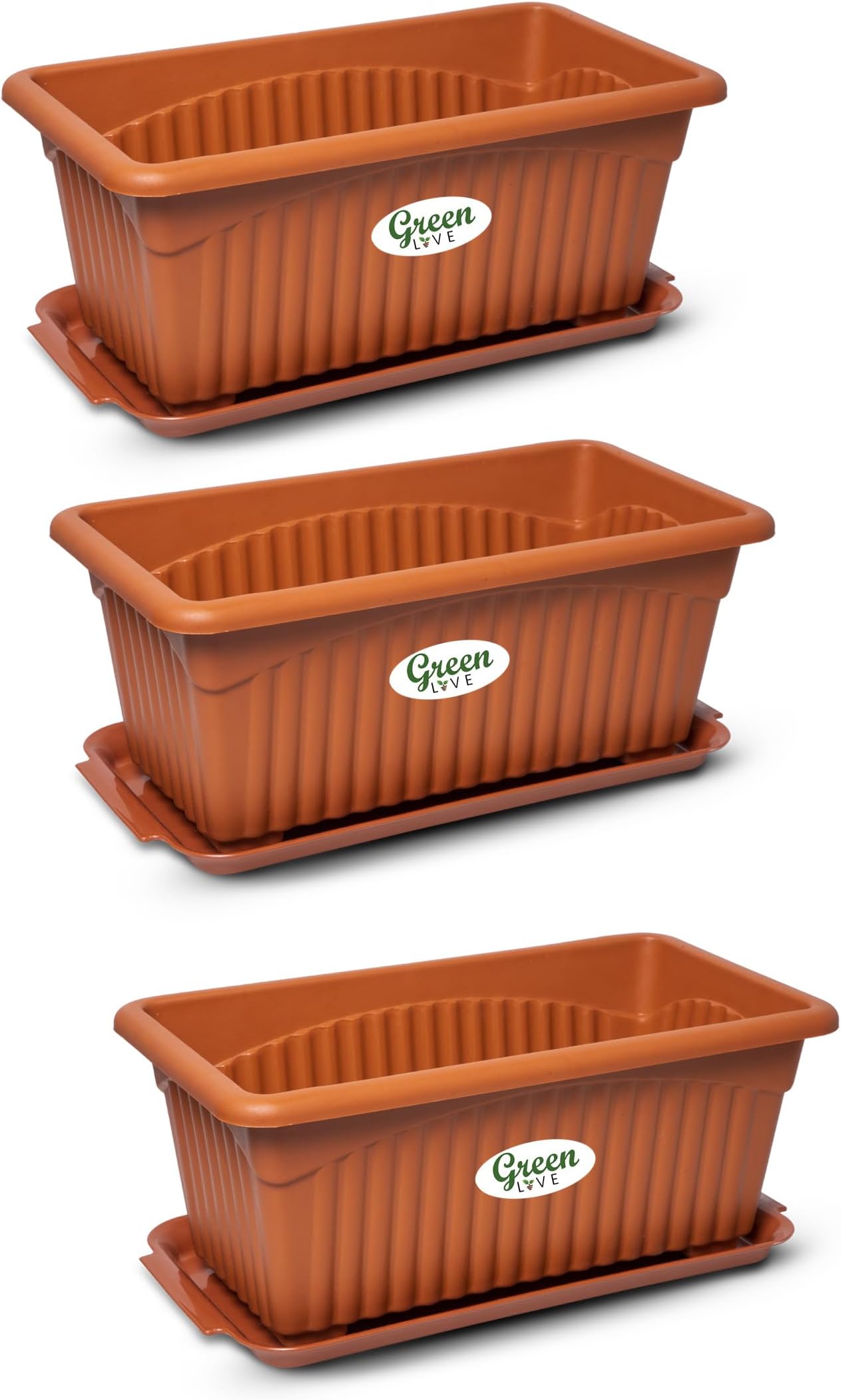 - Green Live® Plastic Rectangular Planter with Tray | Brown Flower Pots for Indoor Outdoor Balcony Garden Décor | Durable Drip Tray Pots (35x18x14cm) Pack of 3