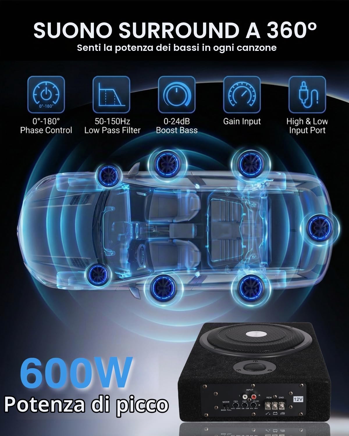 Subwoofer Attivo Sottosedile 8 Pollici 600W, Ultrapiatto