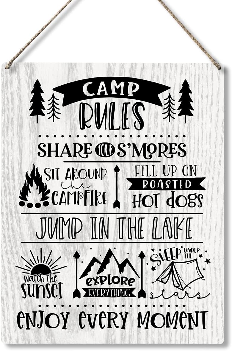QIONGQI Funny Camp Rules Wood Plaque Sign Wall Hanging Farmhouse Rustic Camping Signs with Sayings for Home Garage Men Cave Yard Decor Gifts (Wooden Style)