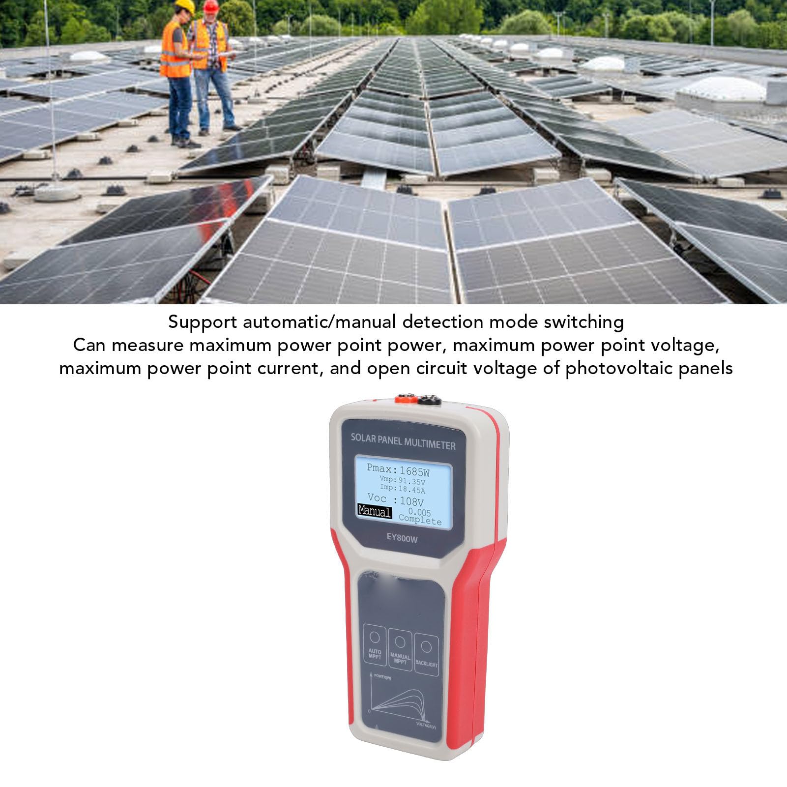 banapoy Tester per Pannelli Solari, Tester per Pannelli Solari 5-800W 12-60V 0-35A MPPT, Misuratore per con Display LCD Protezione da Sovratensione per Installazione di Sistemi