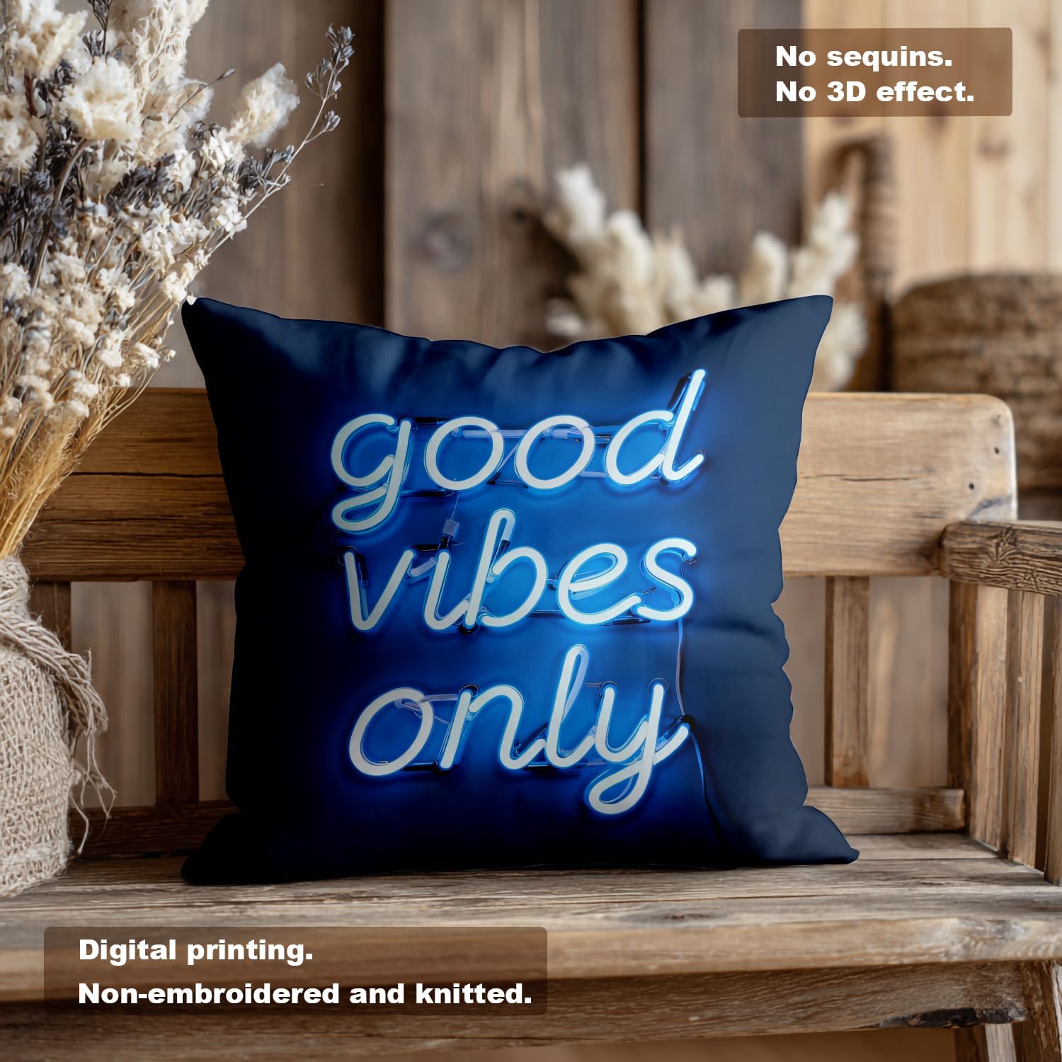 Blue Neon Signage Throw Pillow Covers, Good Vibes Only Words Blue Neon Couch Cover Digital Blended Hidden Zipperl Decorative Sofa Cover for Hair Skin Square 18X18 in 2 Pcs