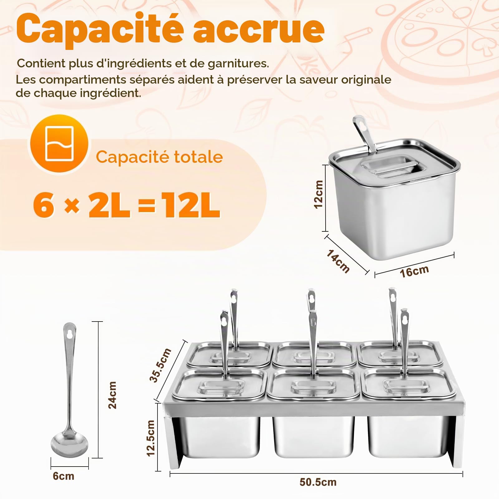 YJINGRUI Récipients à ingrédients en acier inoxydable 6x2L, récipients à ingrédients pour pizza avec couvercles et cuillère pour sauces, confitures, fruits, légumes, station de garniture à pizza 6