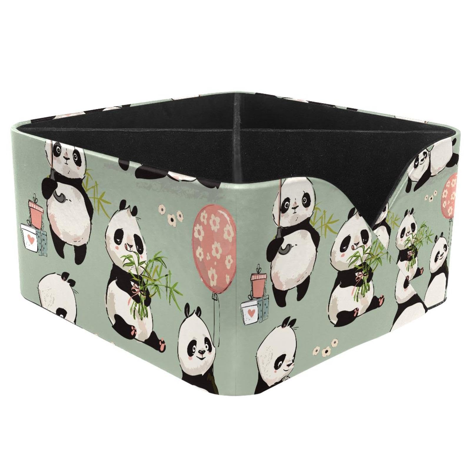 KengjuTesu Cute Panda Draw Tea Hold the Umbrella Eat Bamboo Desktop Organizer Pen Holder, Rectangular Pencil Cup for Office, Study and Makeup Stations