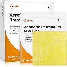 Carbou 4"x4" Medical Xeroform Petrolatum Dressing, Non-Adherent Gauze Pads, Soft Fine Mesh Gauze Patch for Wound Care, Burns, Lacerations, Skin Grafts & Surgical Incisions, 25 Individual Pack