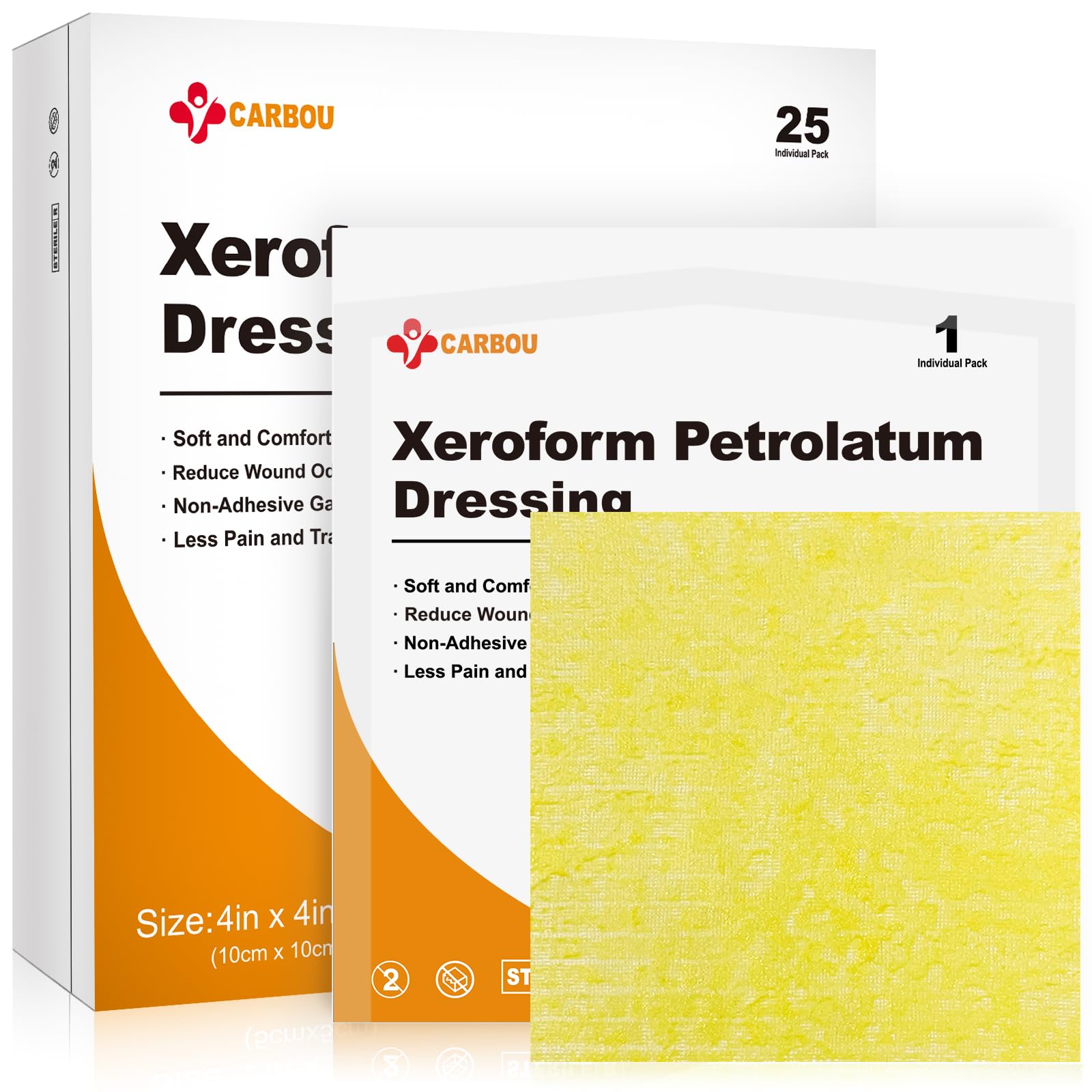 Carbou Medical Xeroform Petrolatum Dressing 4"x4", 25 Individual Pack, Non-Adherent Gauze Pads, Soft Fine Mesh Gauze Patch for Wound Care, Burns, Lacerations, Skin Grafts & Surgical Incisions