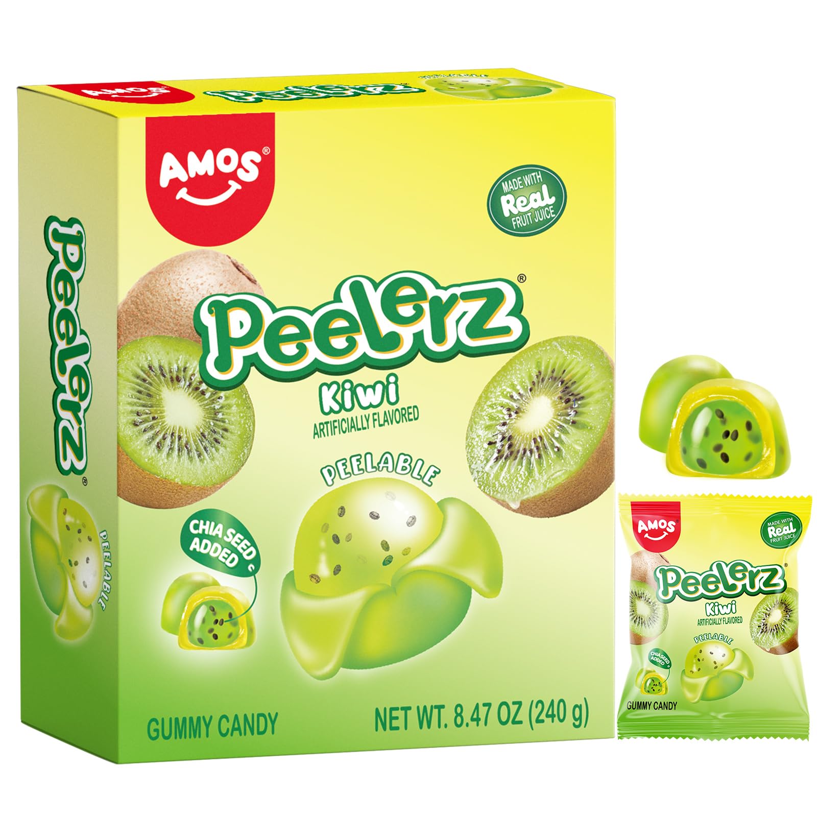AmosPeelerz Kiwi Gummy Candy, Peelable Fruit-Inspired Candy, 8.47oz Box with 10 Individual Packs – Playful Kiwi Snack with Chia Seeds, Made with Real Juice