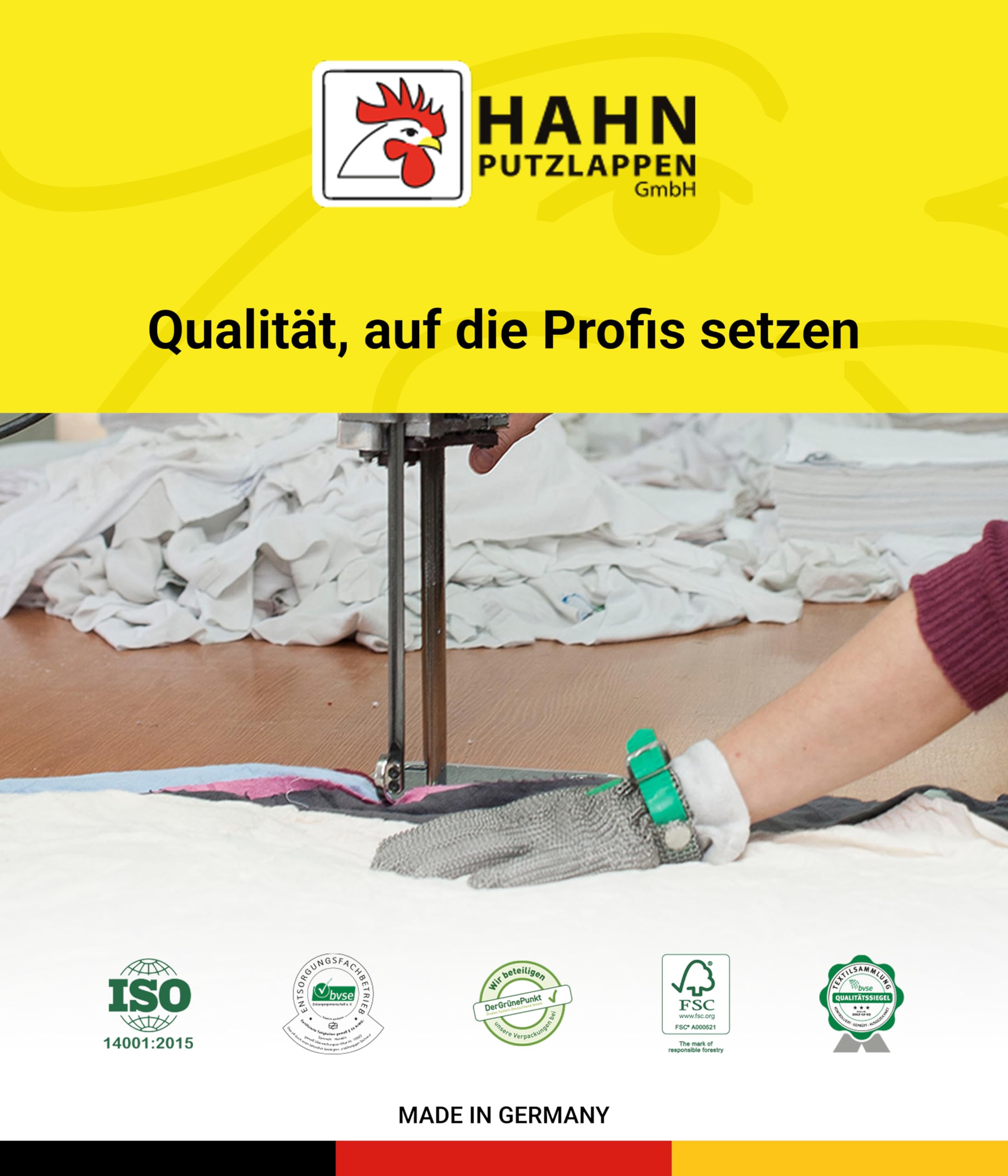 Hahn Putzlappen® Weiche Baumwolllappen Bunt [320 Stück] – Nahtlos zugeschnitten 38x38 cm – Saugstark & langlebig für Werkstatt, Haushalt & Autopflege – 100% Recycling, Trikot & Flanell, Made in DE