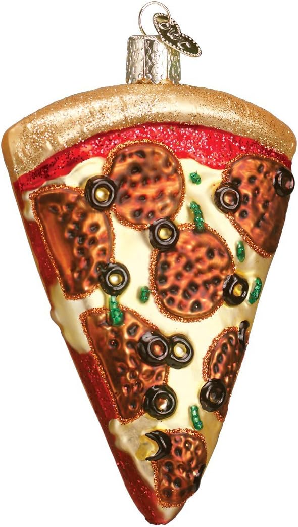 Pizza Slice Glass Blown Ornament for Christmas Tree, Handcrafted Holiday Decoration, Food Collection
