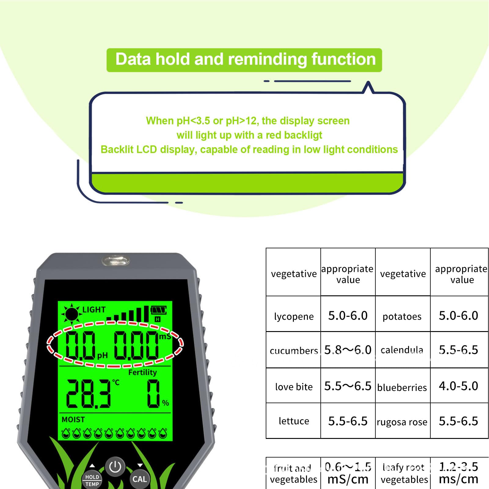 Jectse Medidor de Humedad del Suelo Probador de PH Digital, 6 en 1 Ph/Aire Humedad/Humedad/Temperatura/medidor de Ligereza, para Plantas de Agua de Jardín