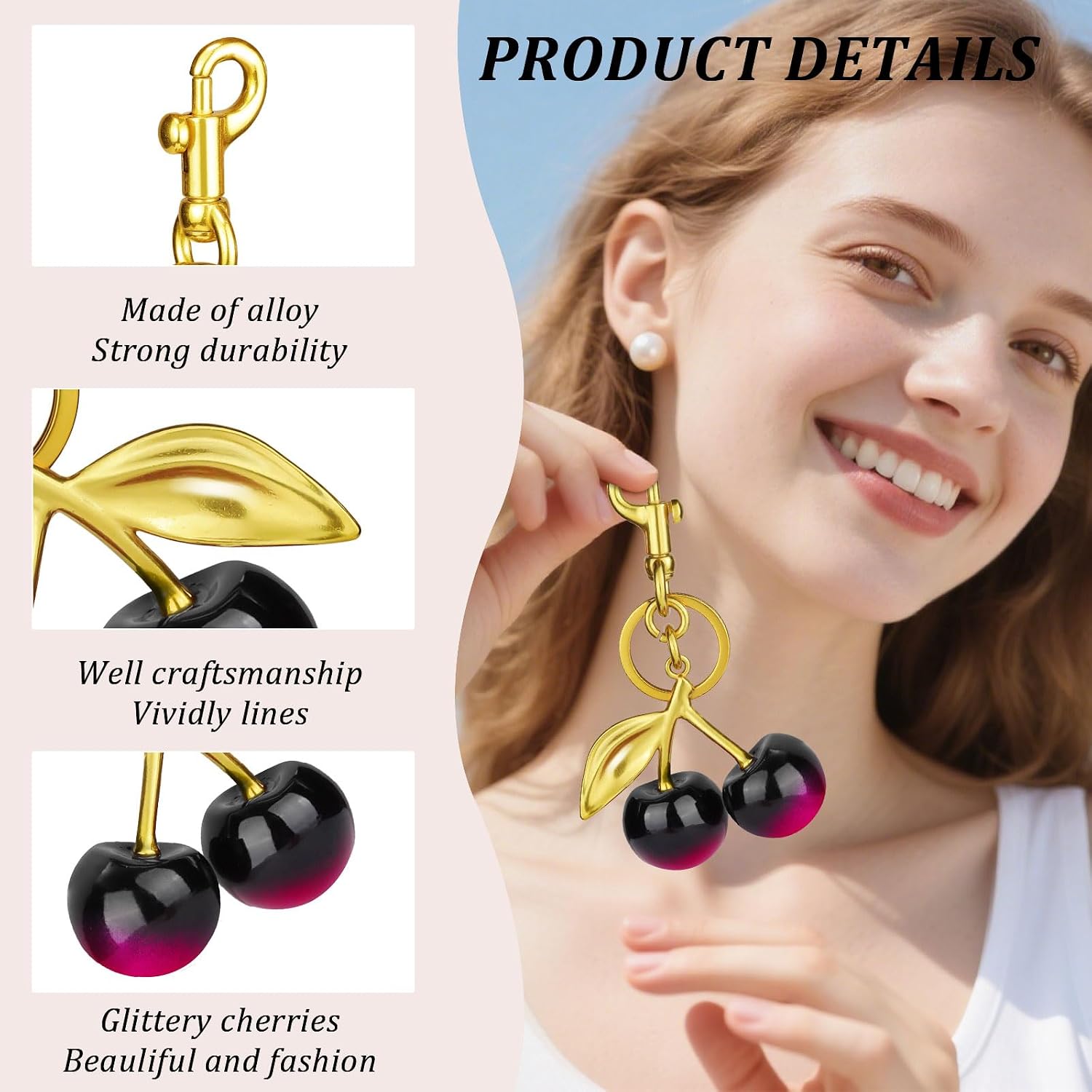 Cherry Keychain, Bright Cherry Bag Charms, Keychain and Clip - Glittering Resin & Metal Accents, Fit for Bags&Wallets image 4