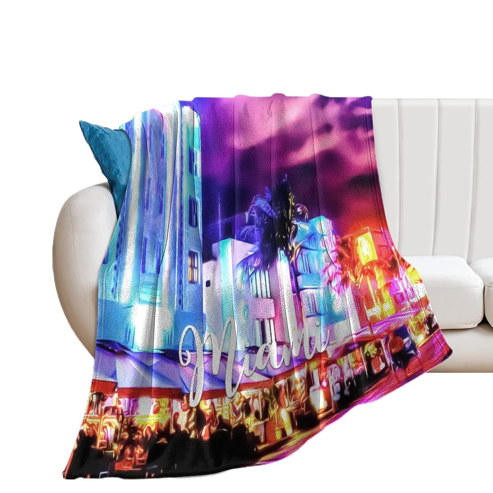 Couverture flanelle paysage urbain Miami au fini pelucheux de haute qualité