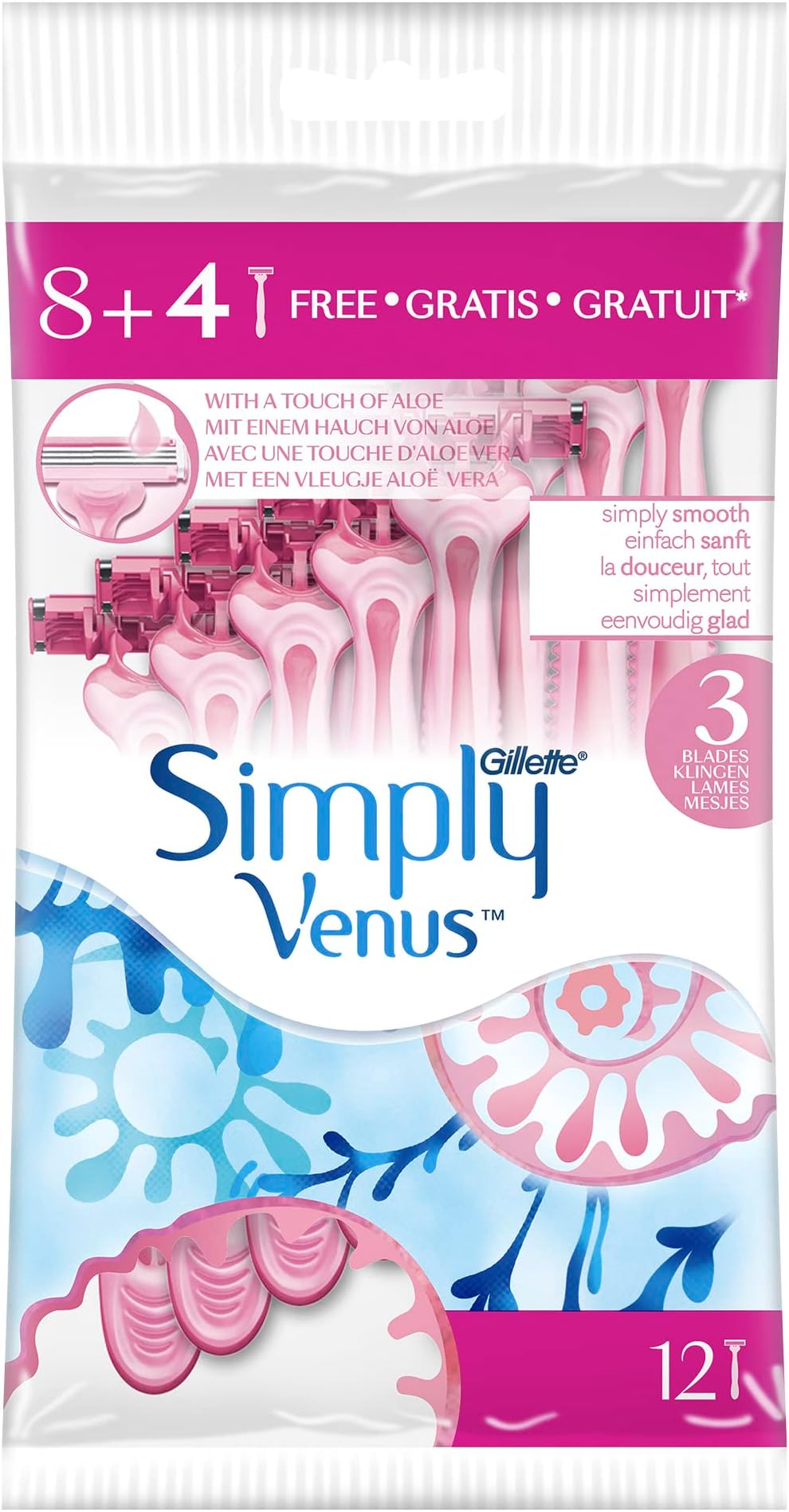 Gillette Venus Simply 3 Women's Disposable Razor 8+4 Count