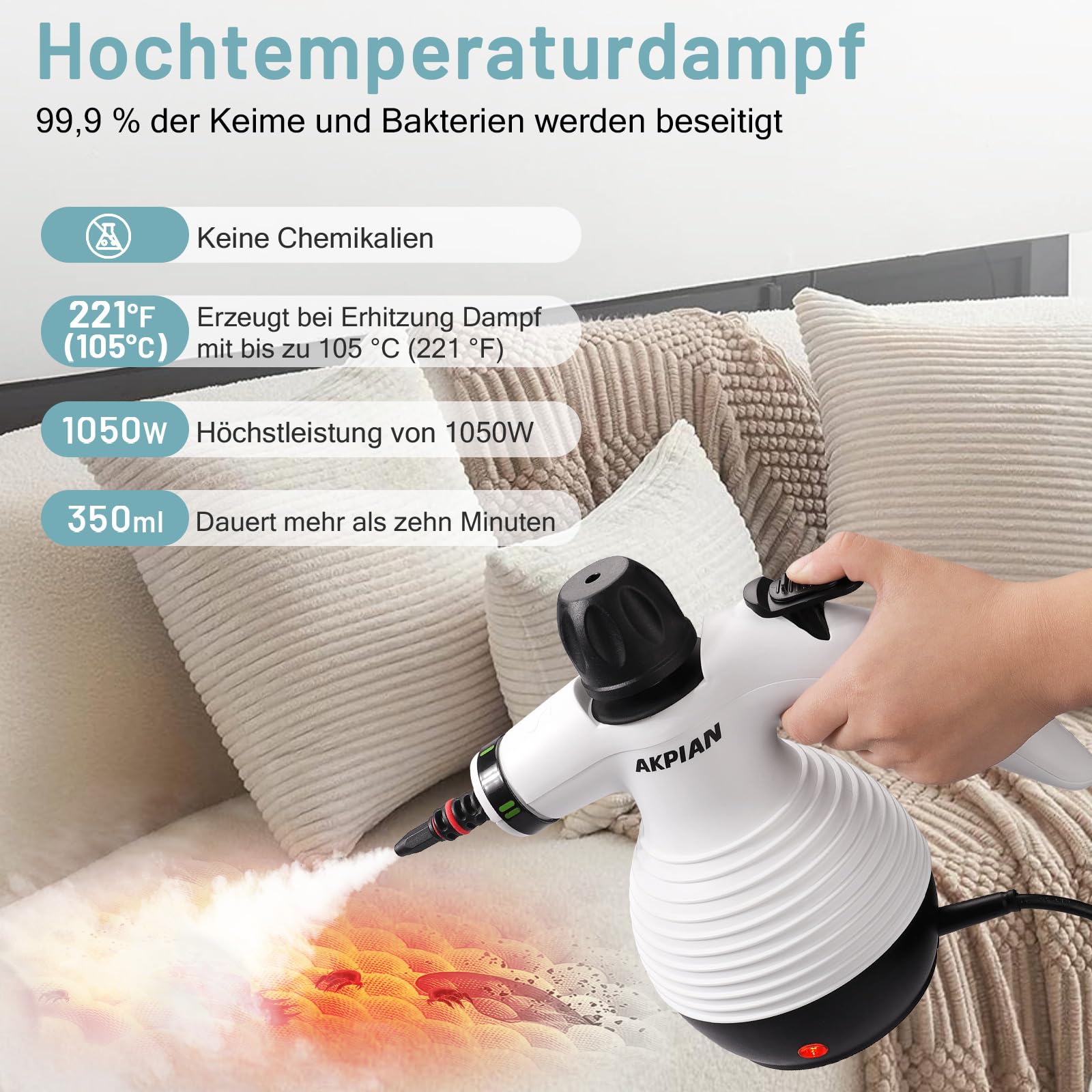 Handdampfreiniger, Dampfreiniger, Reinigungsdampfer, tragbarer Mehrzweck-Dampfreiniger mit Sicherheitsschloss und 10-teiligem Zubehör-Set zum Entfernen von Schmutz, Fett(Weiß)