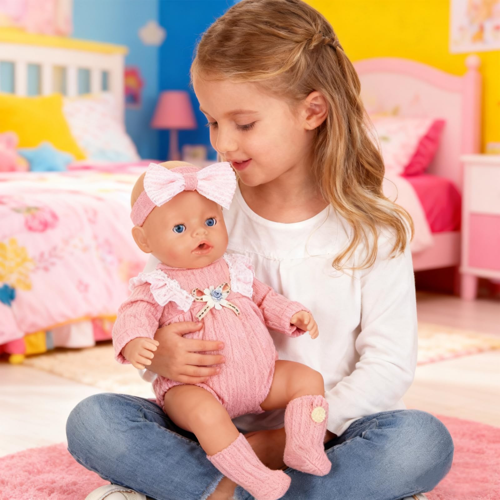 Ensemble De Vêtements Pour Poupée 35-43 Cm – Rose – Costume Poupée Bébé Tissé Main En Coton – Lot Haut, Pantalon, Jupe Et Bandeau