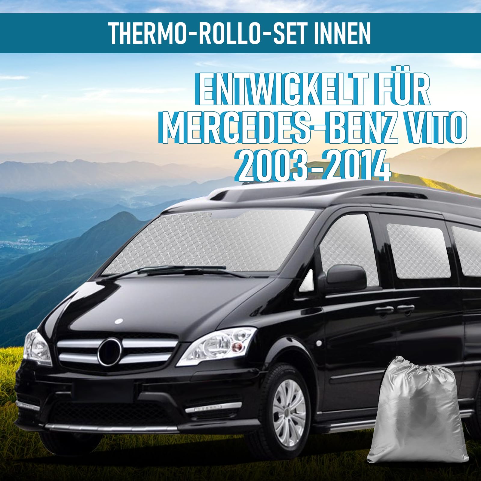 8 piezas de alfombrilla térmica interna para auto, compatible con VITO II W639/Viano 2003-2014 SWB L2, parasol para parabrisas delantero, juego de persianas térmicas oscuras, alfombrilla