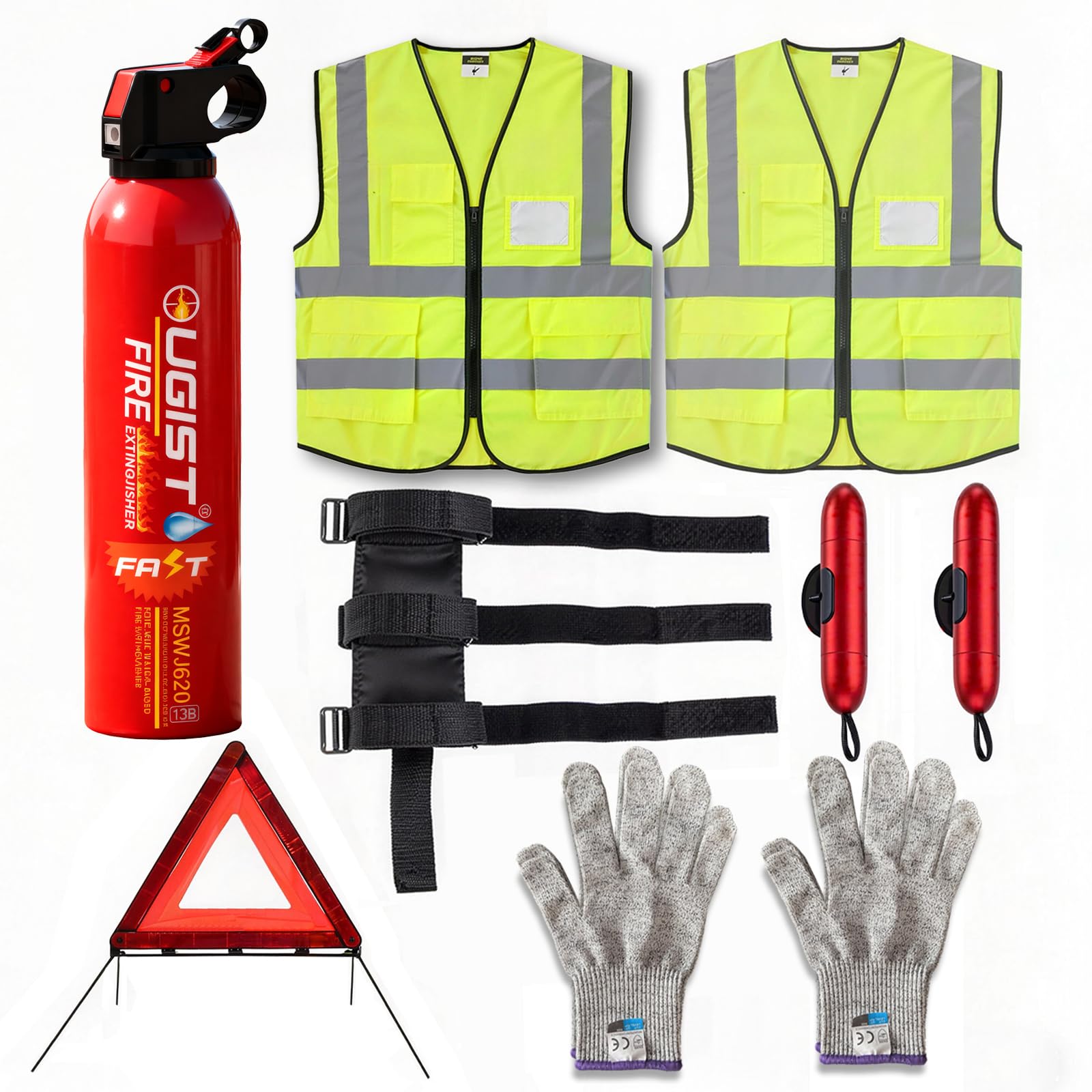 Ougist Roadside Emergency Car Kit with ABCK Fire Extinguisher for Vehicle, Intuitive Window Breaker, Protective Gloves &amp; Triangles, Complete Car Emergency Kit for Breakdown &amp; Fire Safety