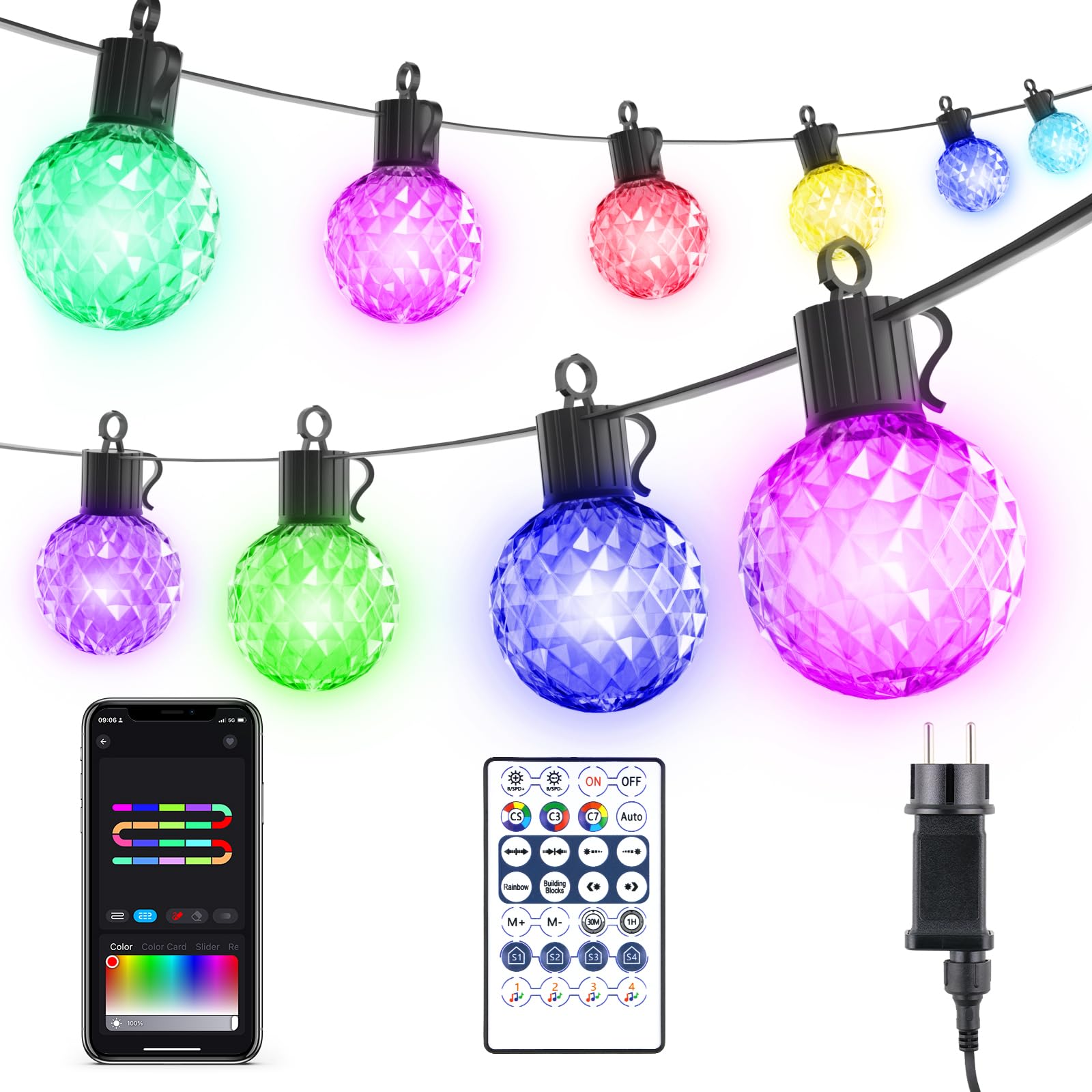 Guirnaldas Luces Exterior Inteligente, 7.5m RGB Luz de Patio con 20 G40 Bombillas de Colores, Mando a Distancia y Control APP, IP44 Impermeable Cadena de Luces para Interior Jardín Navidad Fiesta