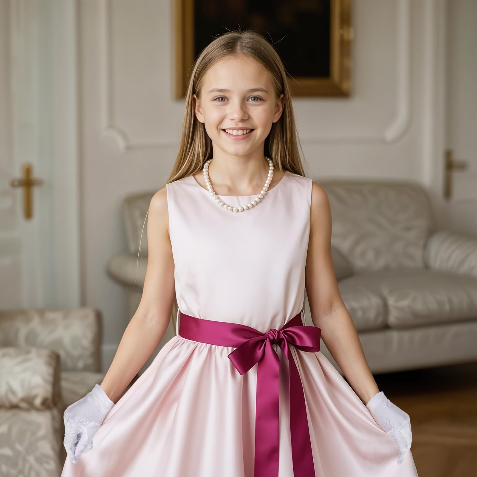 Guantes de satén blanco para niñas, guantes de vestir de princesa para vacaciones, bodas y concursos, longitud de la muñeca, S (4-14 años)