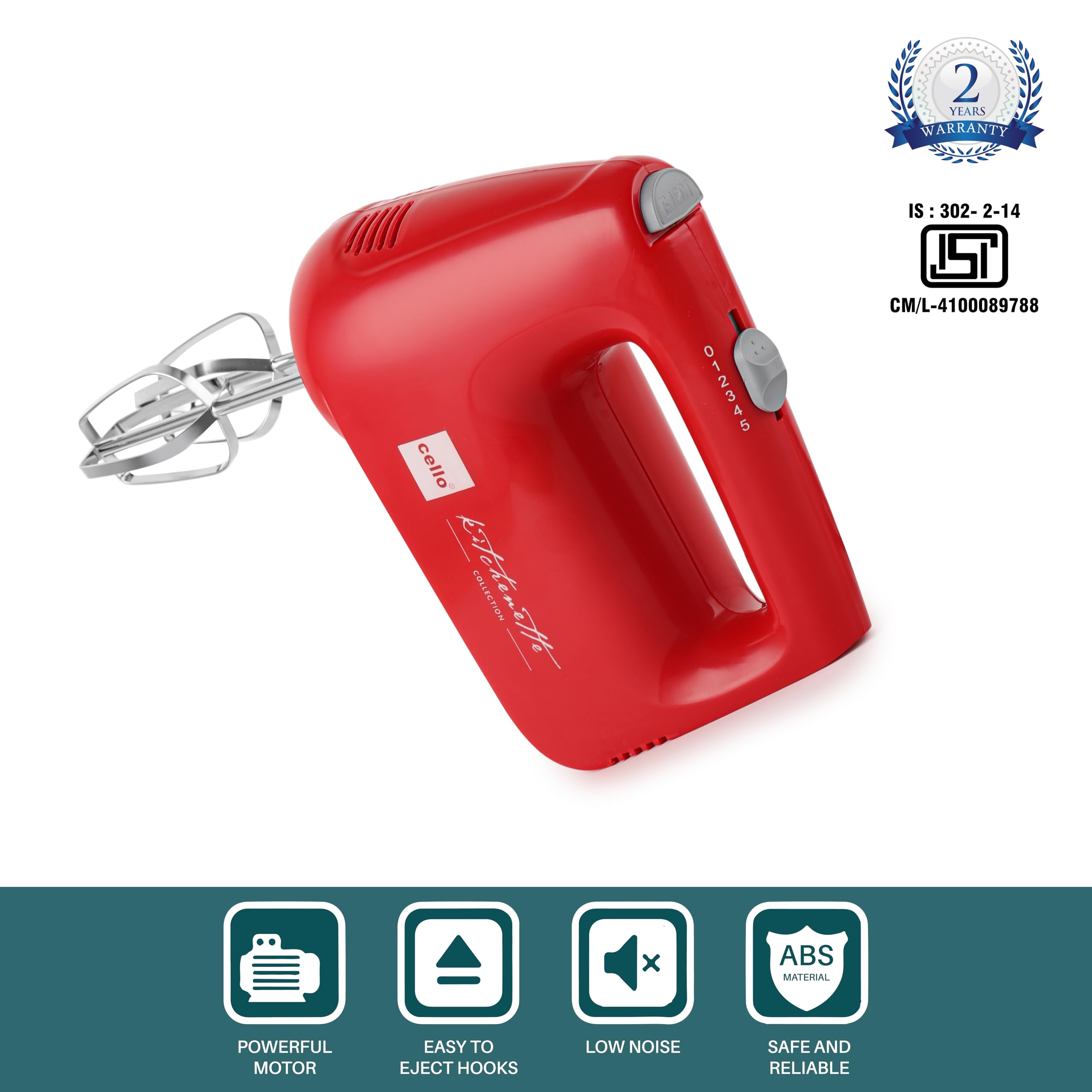 CELLO Supreme Hand Beater Mixer 400 Watts Red | Turbo Function, 6 Speed Settings, Stainless Steel Interchangeable Beaters & Dough Hook Accessories For Mixing Whisking Beating Blending| 2 Year Warranty 3