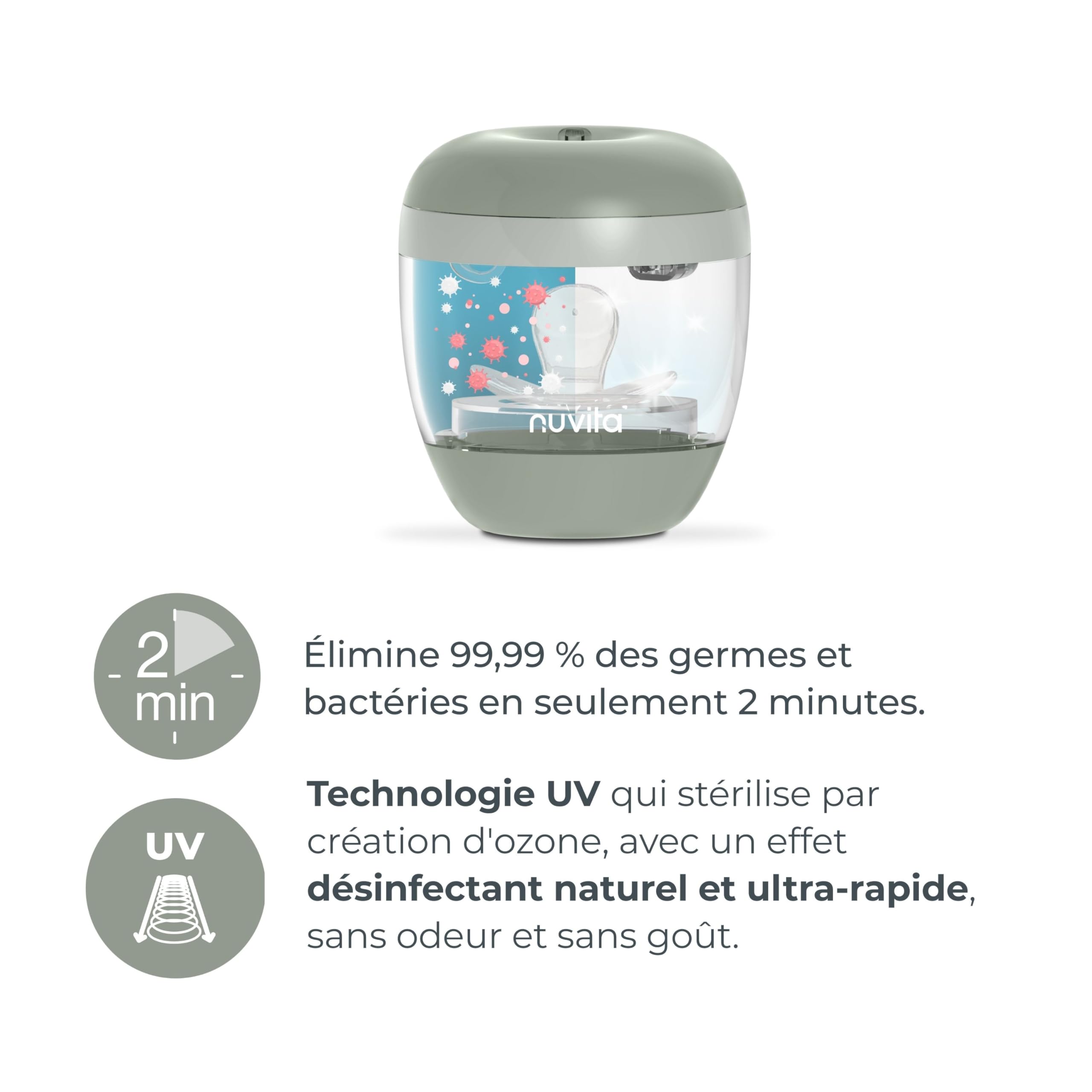 Nuvita 1556 | MellyPlus Stérilisateur Portable UV Ultraviolet pour Sucette, Protège-tétons, Tétines et Biberons | Désinfectant 99,9% de germes et bactéries | Sans BPA | Vert Sauge