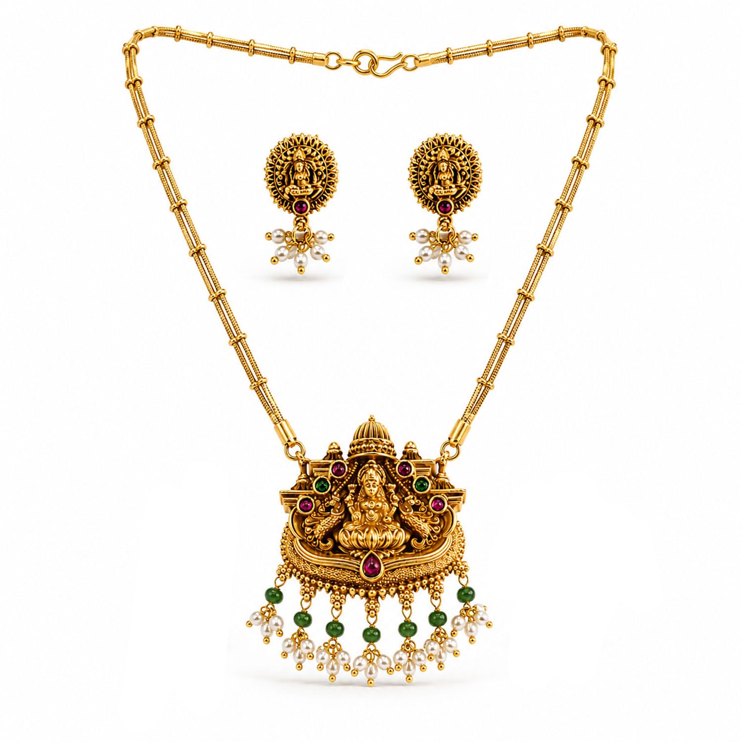 fashions traditional 18k gold plated antique goddess lakshmi pendant long necklace chain ruby green stone beads stud earrings wedding south indian temple jewelry set for women