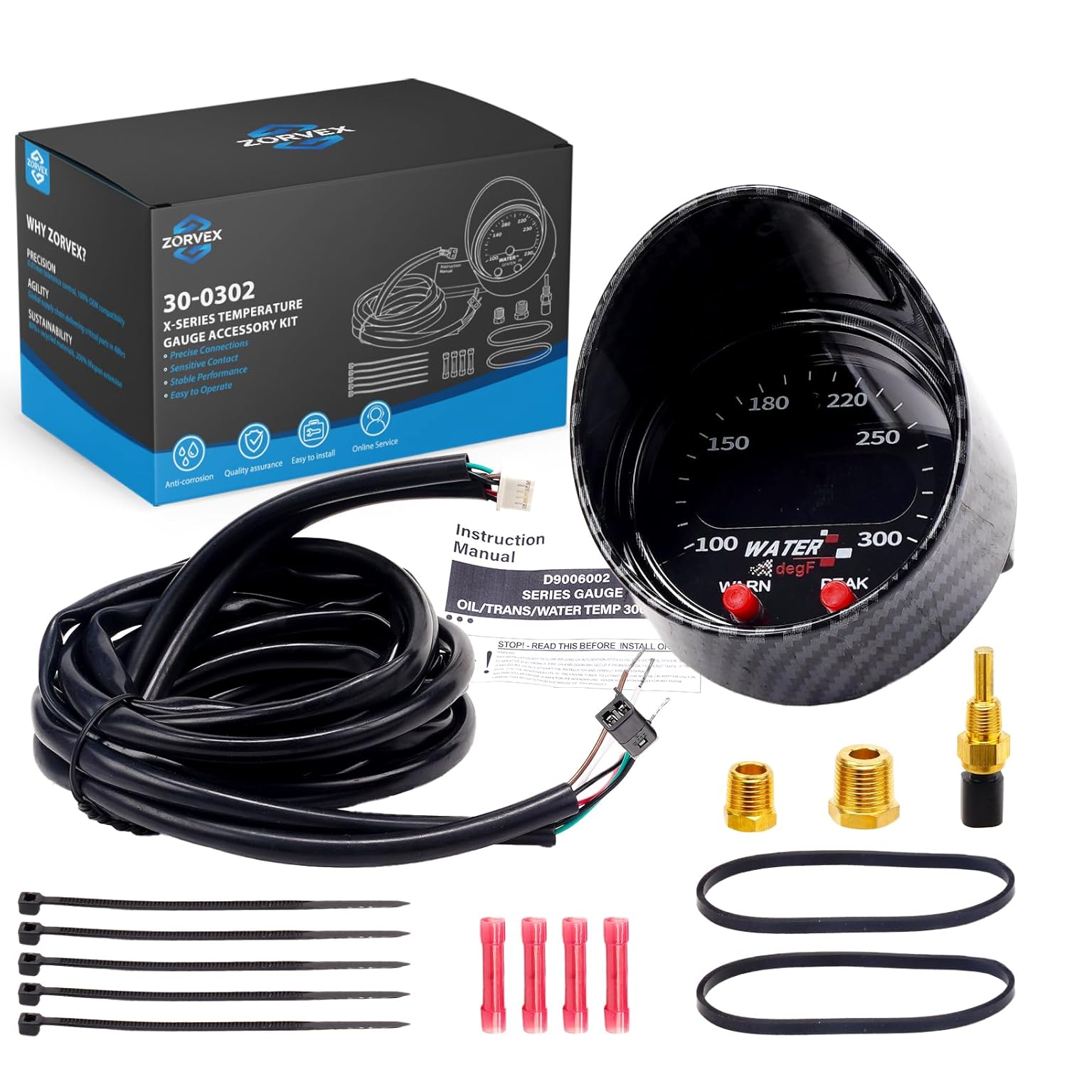 30-0302 X-Series Temperature Gauge, 2-1/16" 52mm Electronic Temperature Gauge, 100~300F / 40~150C Measurement Range, Durable Design for Automotive Use