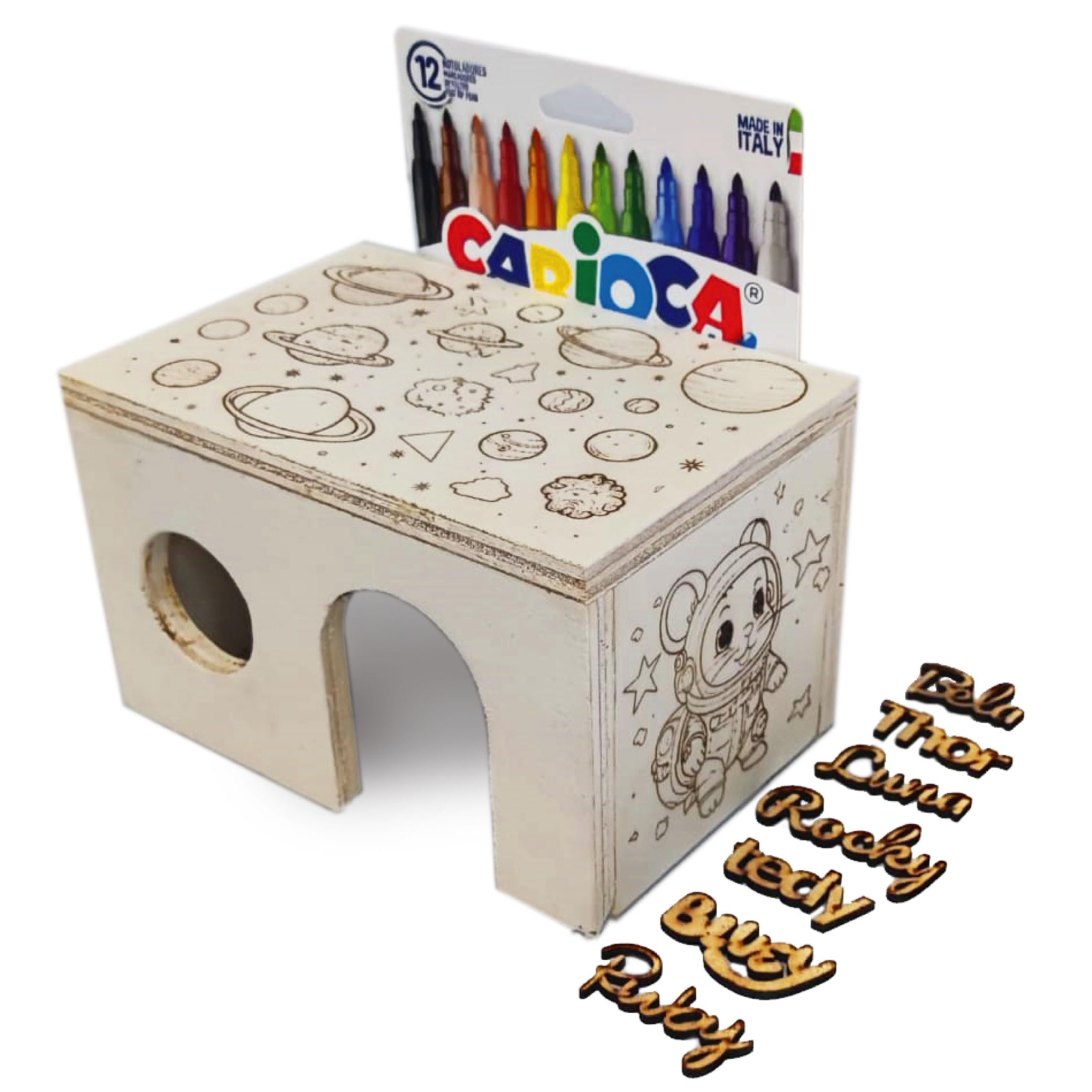 nestQ - Casa para Hámster de Madera, Casita de Hámster - Personaliza con 8 Nombres tu Mascota - Incluye 12 Rotuladores, Hábitat para Hámsteres Enanos, Sirio, Comun, Ruso, Roborowsky, Jerbos, Ardilla