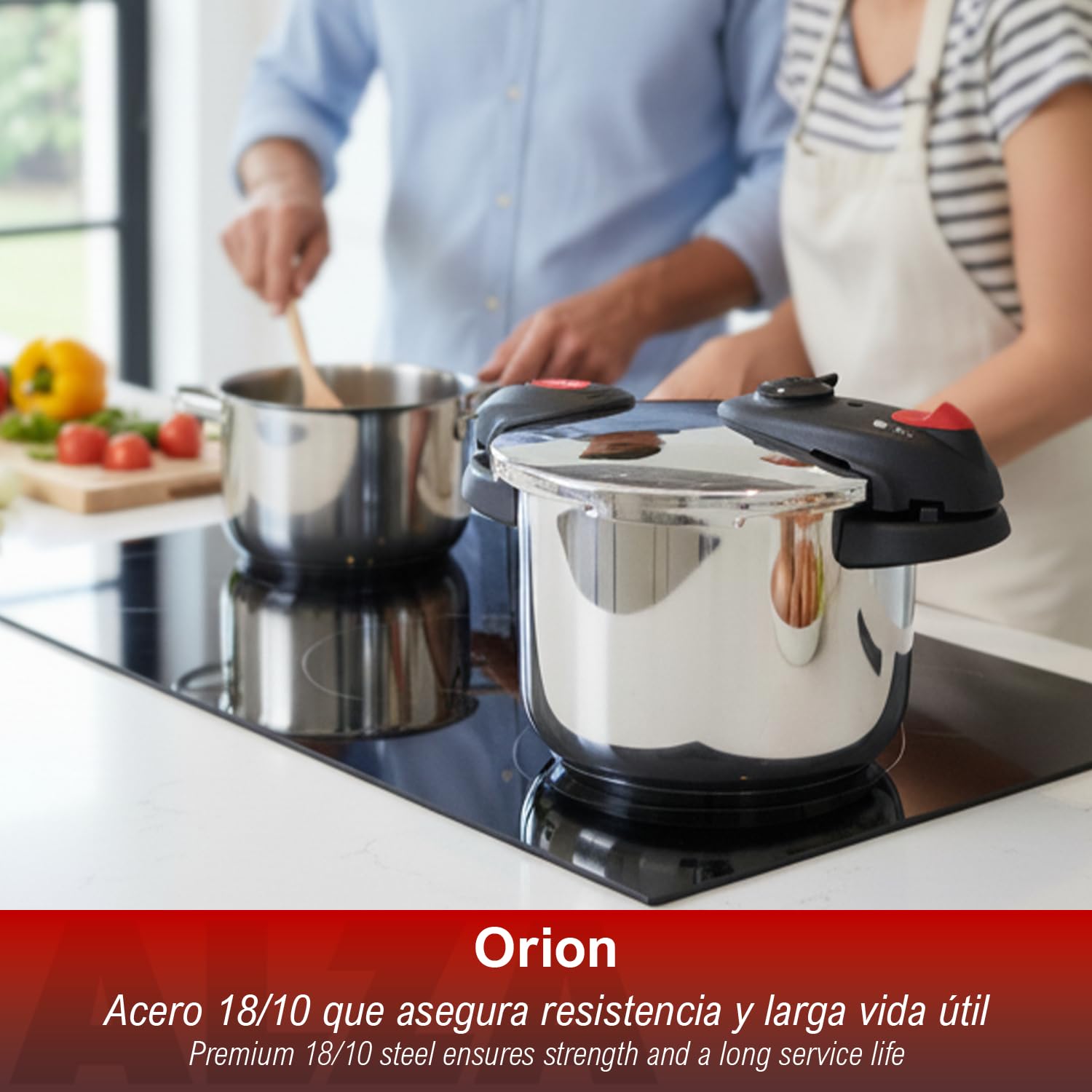 Alza Orion - Olla Express Rápida 6L, Acero Inoxidable 18/10, 2 Niveles de Cocción, Fondo "Impaksteel", Diseño de Doble Asa, 5 Sistemas de Seguridad