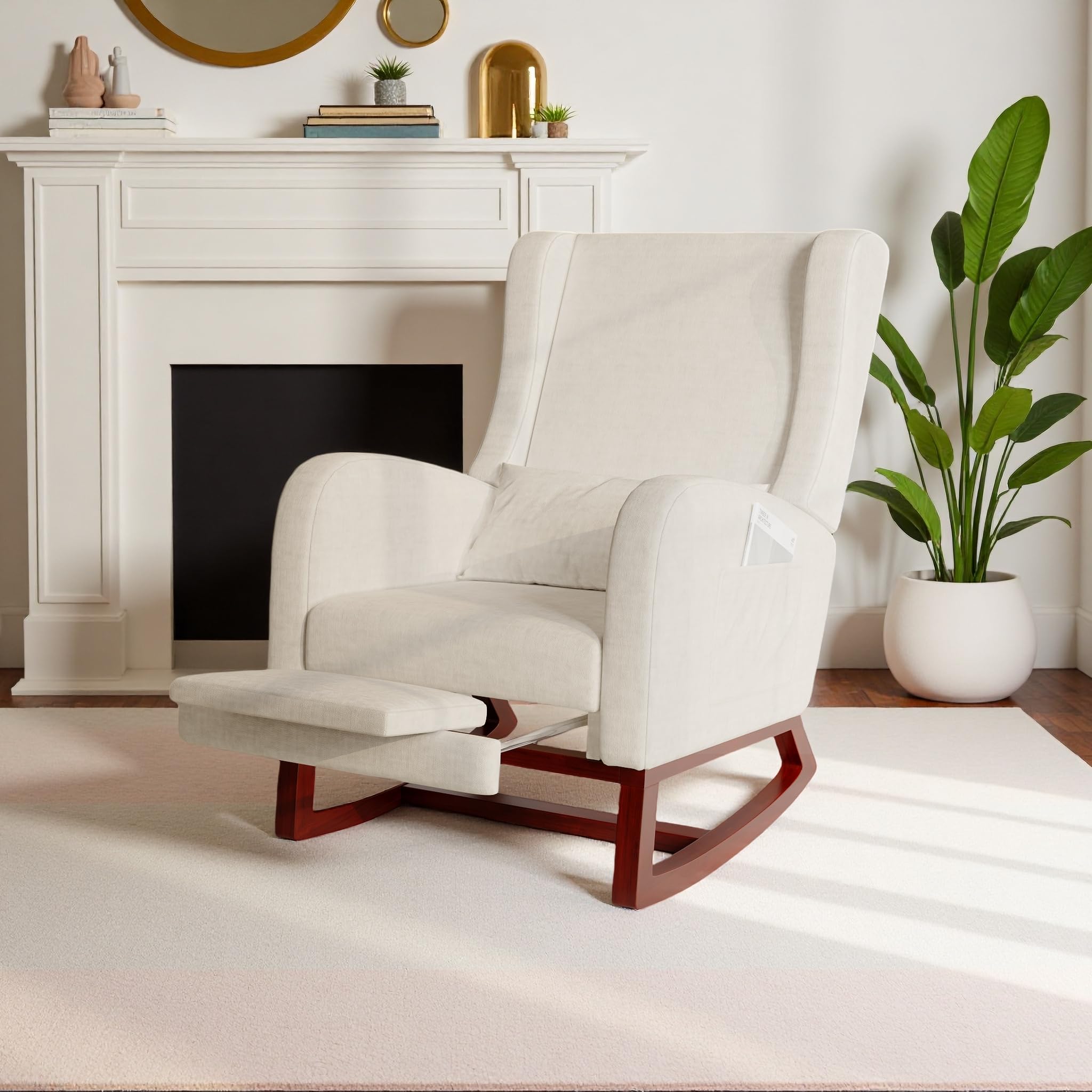 Mecedora de relax con reposapiés, sillón de lactancia, silla mecedora con respaldo alto, para salón, dormitorio, habitación de bebé, algodón y lino, beige