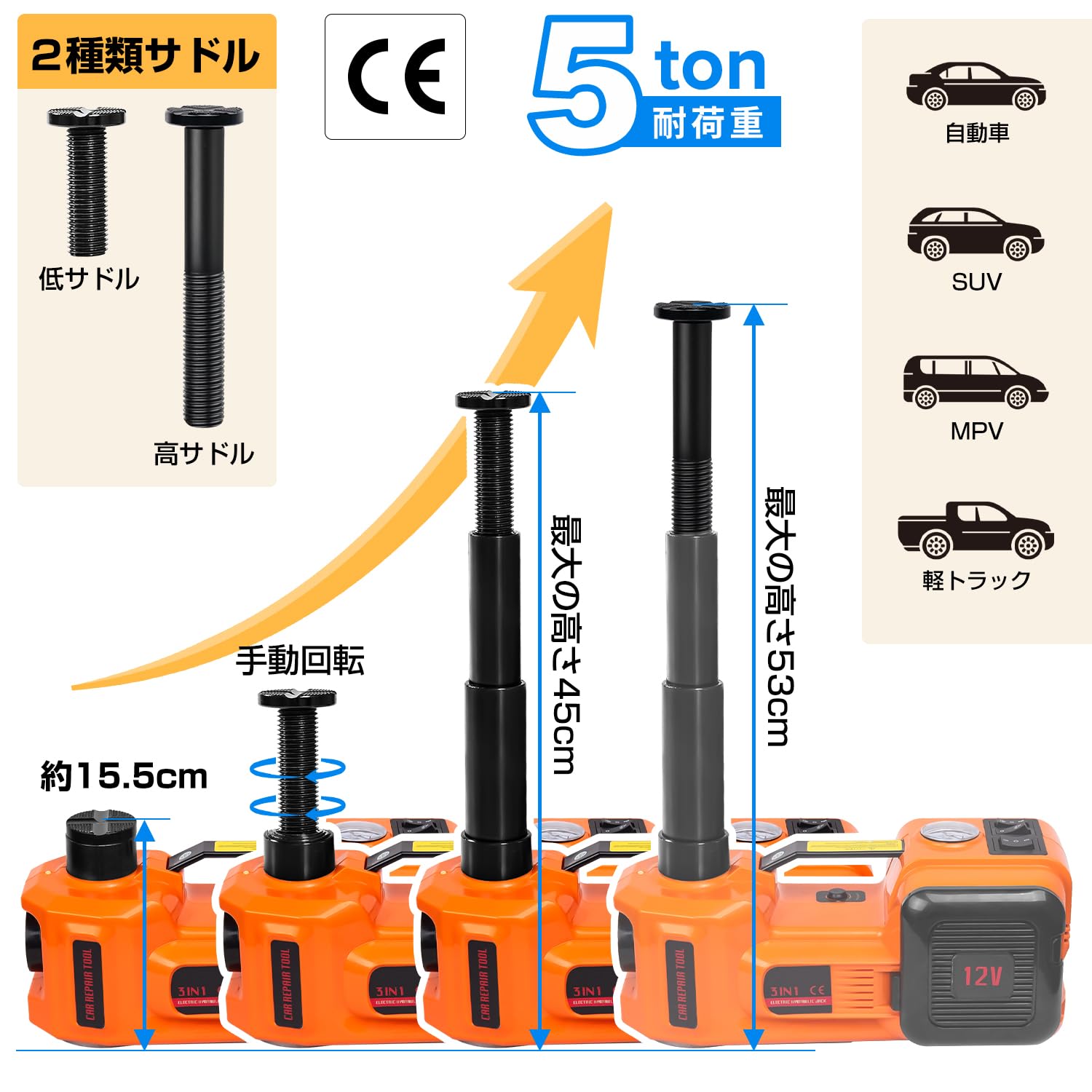 Amazon.co.jp: 電動ジャッキ 5t 最低位135mm/最高位530mm CE規格 12V