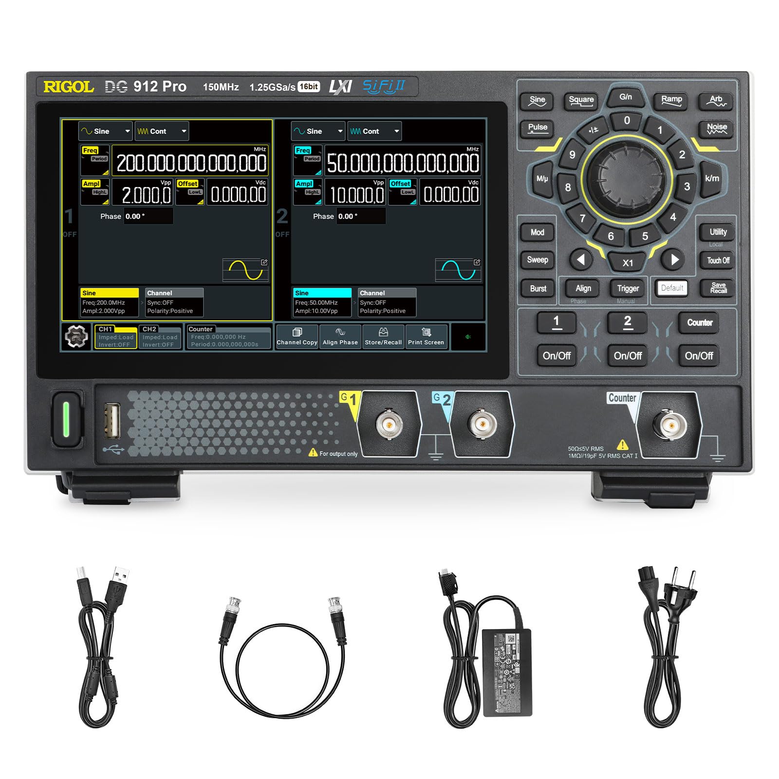 RIGOL Générateurs de Fonctions,DG912 Pro Générateur de Signaux,150 MHz,2 Canal,16 bits,écran tactile HD 7 pouces,Ultra-portable,Idéal pour les tests sur site et l’enseignement en laboratoire