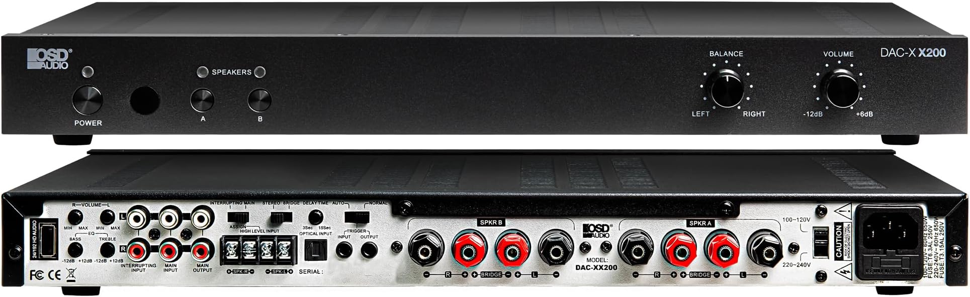 DAC-X200 200W 2-Channel Class D Stereo Amplifier w/Hi-Res 24bit/192khz DAC, USB/Optical/RCA Inputs, & A/B Speaker Switching