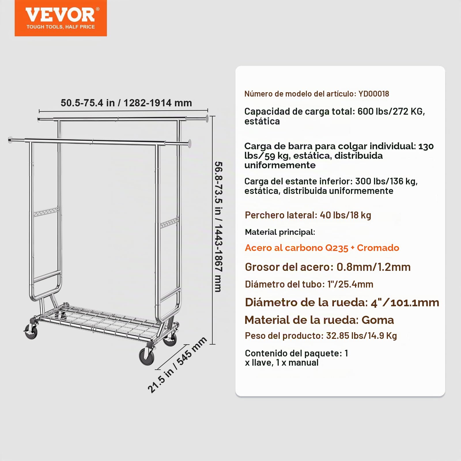 VEVOR Perchero Burro para Ropa con 4 Ruedas de 1 Estante y 2 Barras Longitud Extensible de 128-191 cm Altura de 144-187 cm Perchero de Acero Carga de 272 kg para Almacenaje de Ropas en Dormitorios