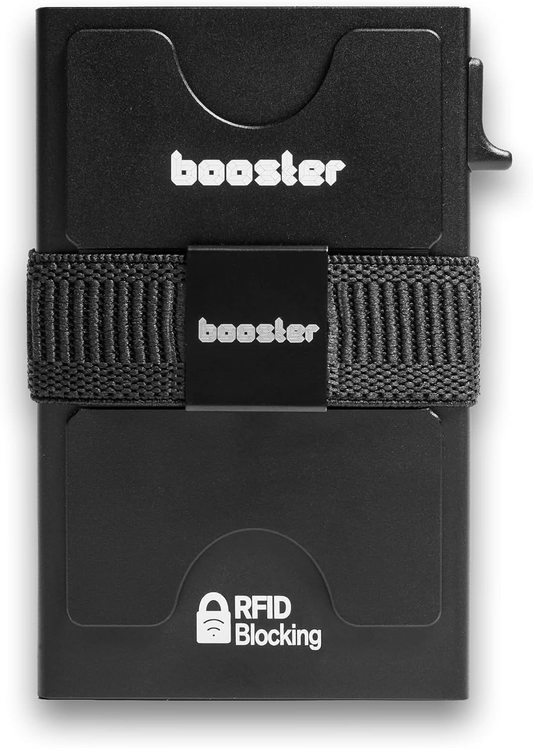 Thin Aluminum Booster Wallet for Men, Durable Stretch Back Plate, Minimalist Metal Pop Up Wallet with RFID Lock, Holds 12+ Cards Plus Cash 1, One Size, Modern (Jet Black)