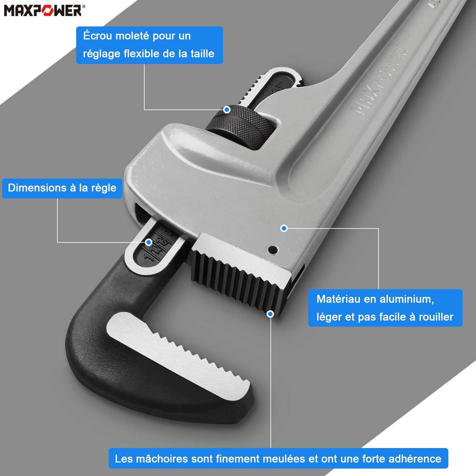 Clé à Griffe Grande Taille 750mm en Aluminium MaxPower pour Serre-Tubes