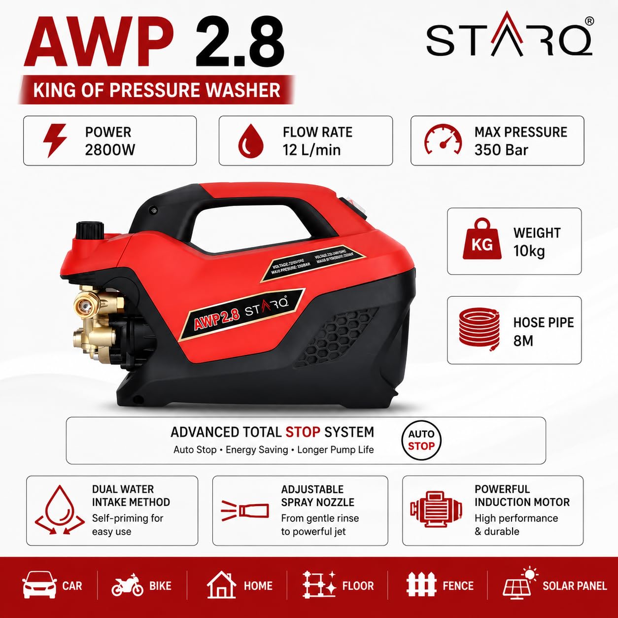 STARQ AWP 2.8 High Pressure Washer 2800W, 350 Bar, 12L/Min Flow, 8M Hose Pipe, Portable Car, Bike & Home Cleaner with Pressure Control Knob 1