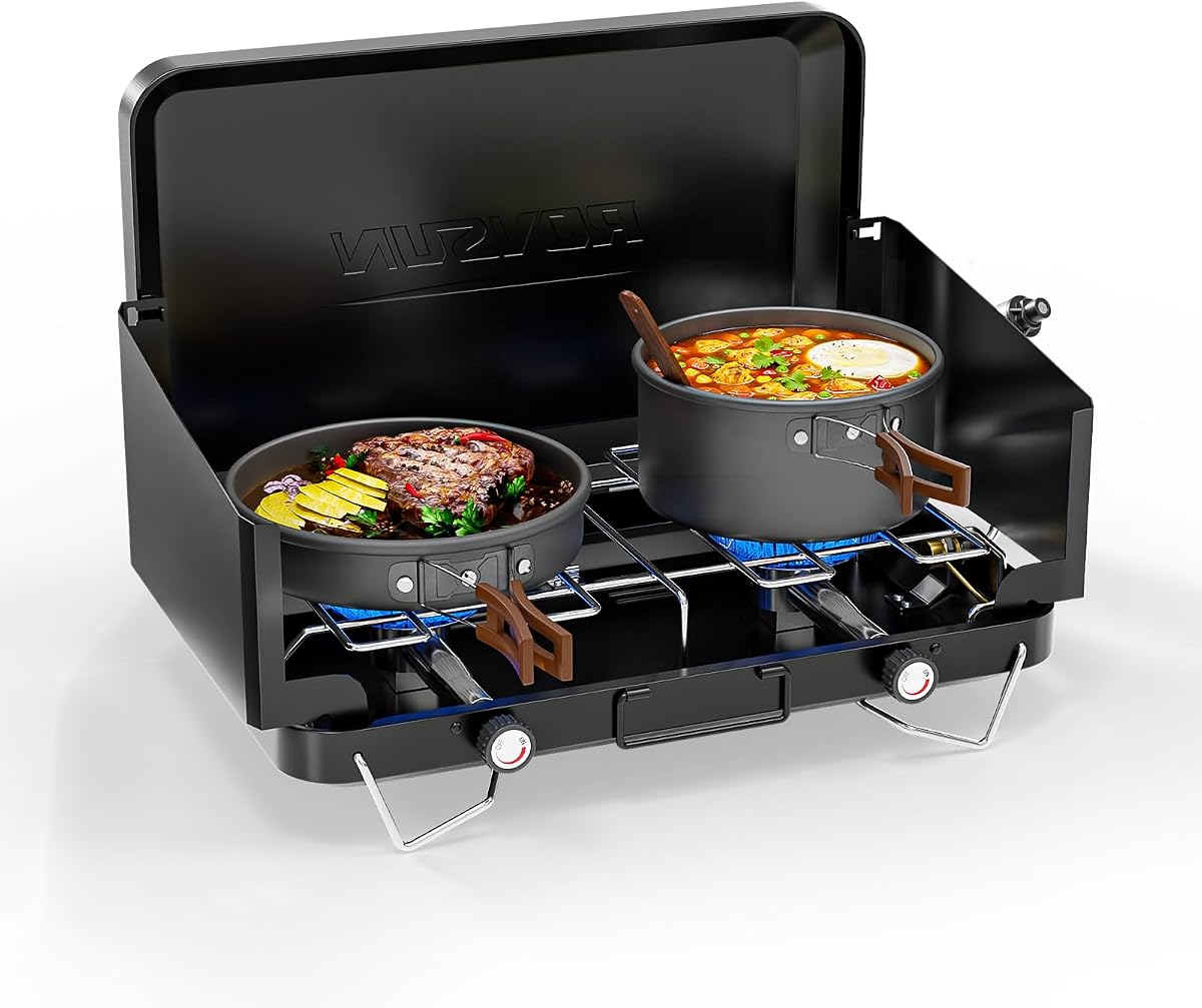 ROVSUN Estufa de camping portátil de 2 quemadores con adaptador, estufa de propano de mesa de 20000 BTU con mango incorporado y panel de viento plegable para acampar al aire libre, hacer cola, asar