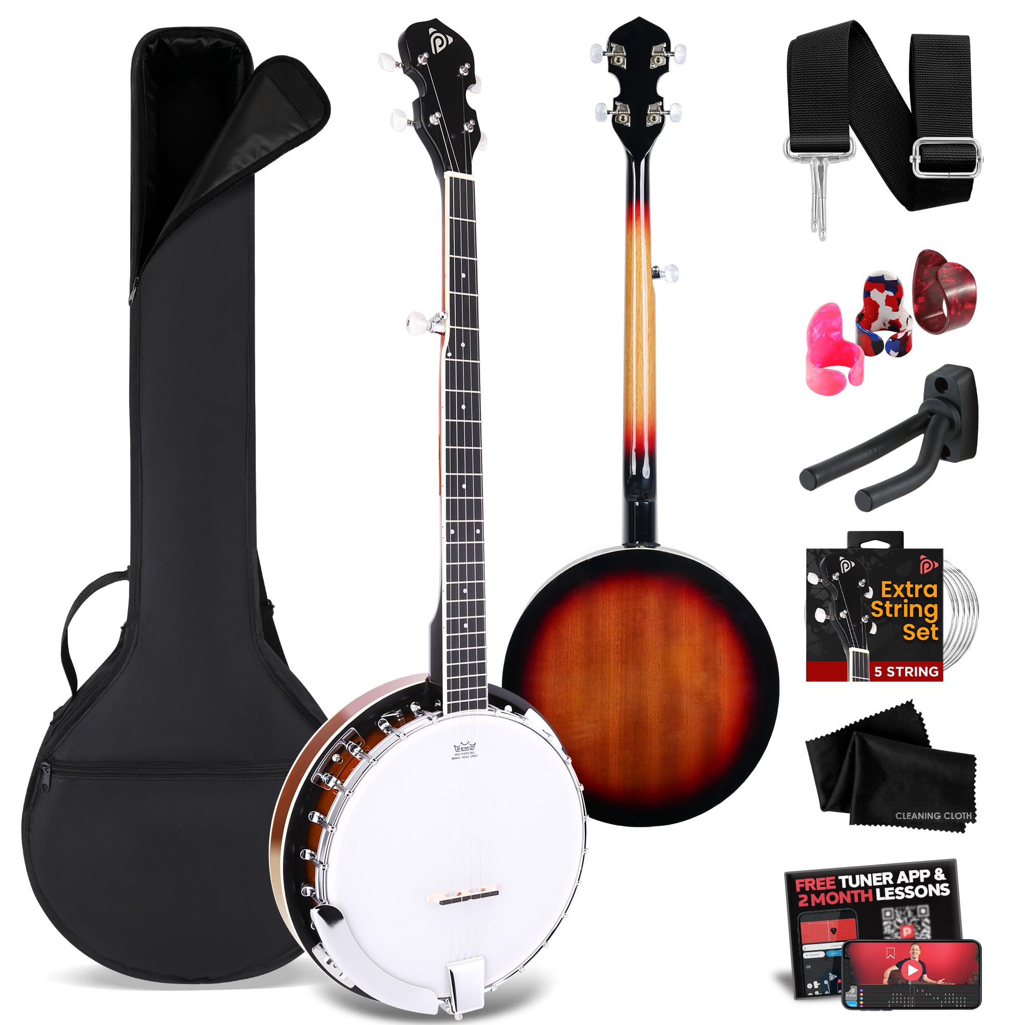 Banjo Kit with Remo Head and Sapele Resonator, 39" Full Size Traditional Open or Closed Back 5 String Instrument with 24 Brackets, Geared 5th Tuner, Premium Accessory Kit (Red Burst)