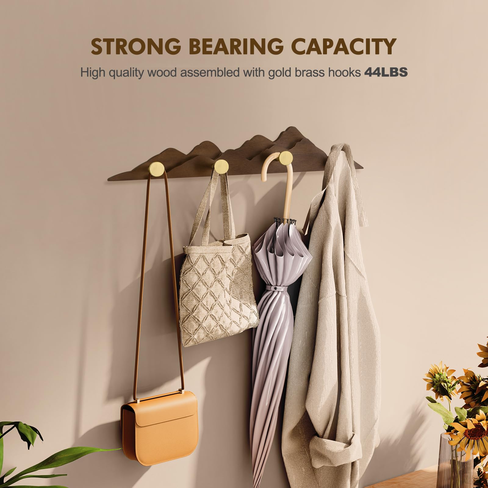 Jotsport Perchero de pared con 4 ganchos de latón para colgar abrigos, sombreros, bolsas, toallas, ganchos decorativos de madera para pasillo, beroom y baño