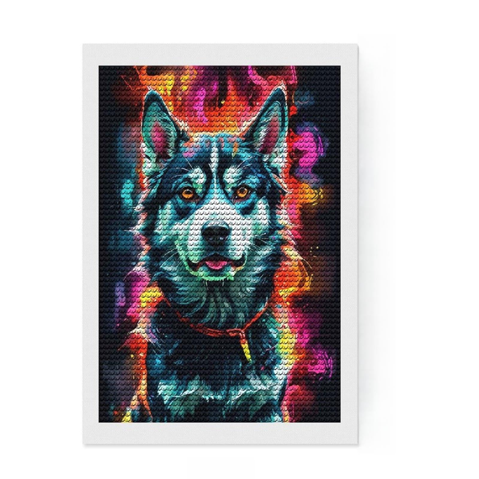 Junmoney Siberian Husky in Neon Colors Diamond Painting Set 8"x12", for Adults, Nice Detail and Sparkle, Boho Decor, Birthday Gift, Easy to Enjoy