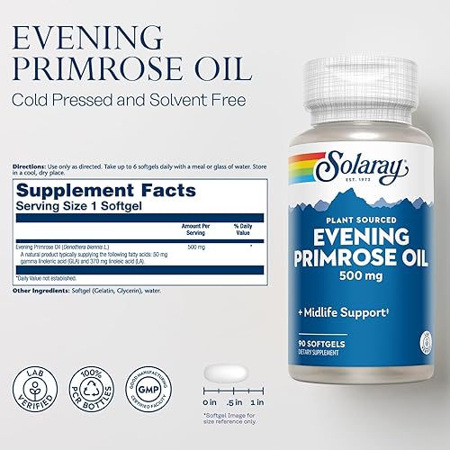 Miniatura 2 de SOLARAY Aceite de onagra de alta potencia 500 mg Soporte de mediana edad Fuente de ácido gamma linolénico y ácido linoleico Sin disolventes,